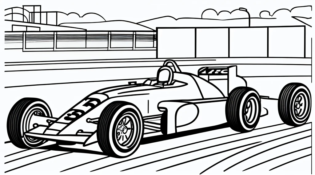 Coloring book page, beautifully drawn, black and white version and color, racing car on the track, simple line, illustration, ink drawing, very visible thick outlines, clean lines, line drawing, clipart. A car moves along the road, another one catches up with it. In the background - tribunes and scoreboard.