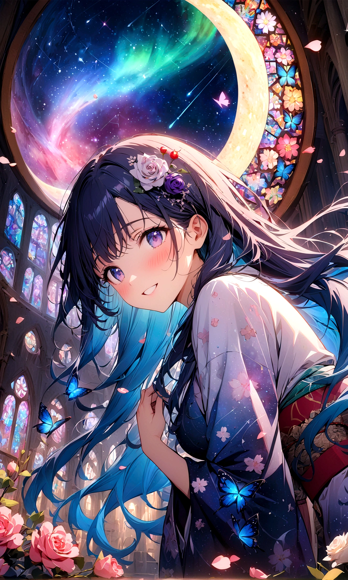 ((masterpiece:1.4)), (best quality), (ultra-detailed), anime style, 1girl, blue hair, long hair, musical note, shooting star, space, galaxy, aurora, seven-colored light, red rose, purple rose, white rose, close-up of face, butterfly, constellation, girl riding on a crescent moon, nebula, cherry blossom petals, stained glass, entire field of stained glass flowers, night cherry blossoms, kimono, blushing, blush, smile, zoom, reflection, planetarium, flowing hair, church, candelabra, dancing patterns.