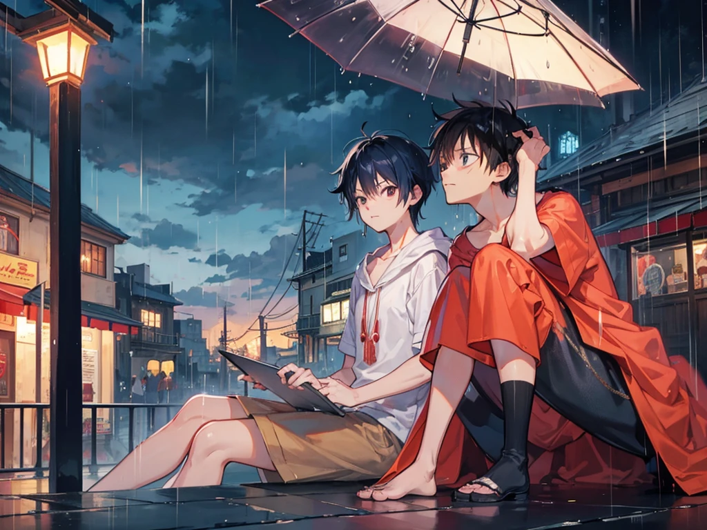 Luffy, City of night, rain, Sitting, I&#39;m playing the guitar, Sanji, Cityscape, Neon Light, Wet roads, reflection, Gloomy atmosphere, Expressive Face, Intense emotions, Skyscrapers lit up, Alley filled with smoke, Dynamic pose, Passionate Music, Dreamy colors, Dramatic Shadows, Guitar solo, Powerful performance, Friendship, Unity, adventure. (Highest quality, High resolution:1.2), Super detailed, (Realistic:1.37), Portraiture, City Photography, Vivid colors, Dramatic lighting.