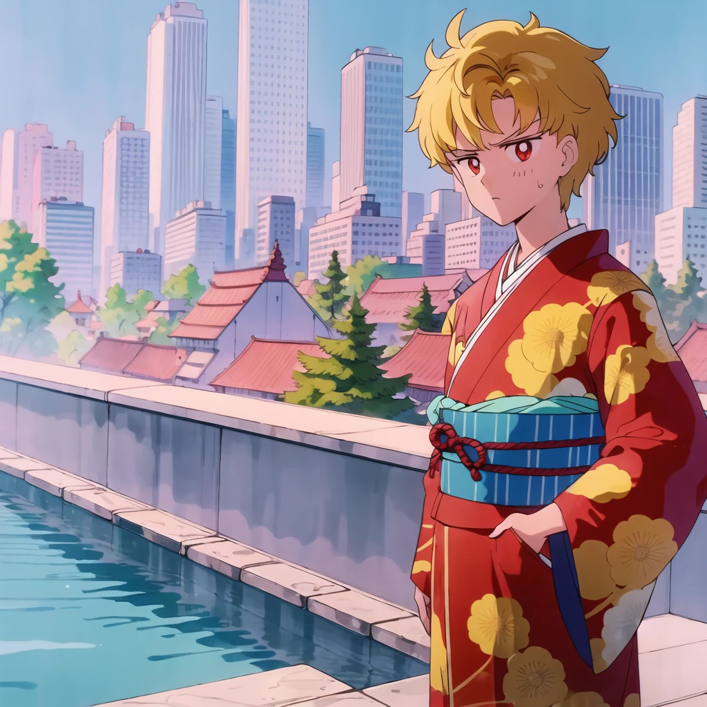 best quality 4k,masterpiece made in water,1 boy,intense serious expression,looking at the viewer,anime style messy blonde hair,shorth hair,citys,dressed in a kimono shirt with golden dragon markings,ao fundo uma citys suburbana no outono,Asian,Caucasian skin,big red eyes,with his right hand in his pocket,and the other hand is firm.