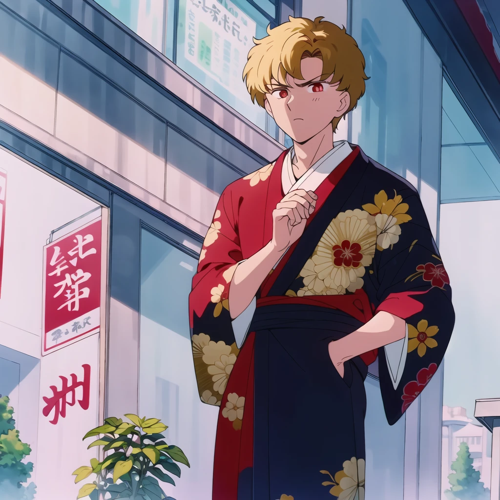 best quality 4k,masterpiece made in water,1 boy,intense serious expression,looking at the viewer,anime style messy blonde hair,shorth hair,citys,dressed in a kimono shirt with golden dragon markings,ao fundo uma citys suburbana no outono,Asian,Caucasian skin,big red eyes,with his right hand in his pocket,and the other hand is firm.