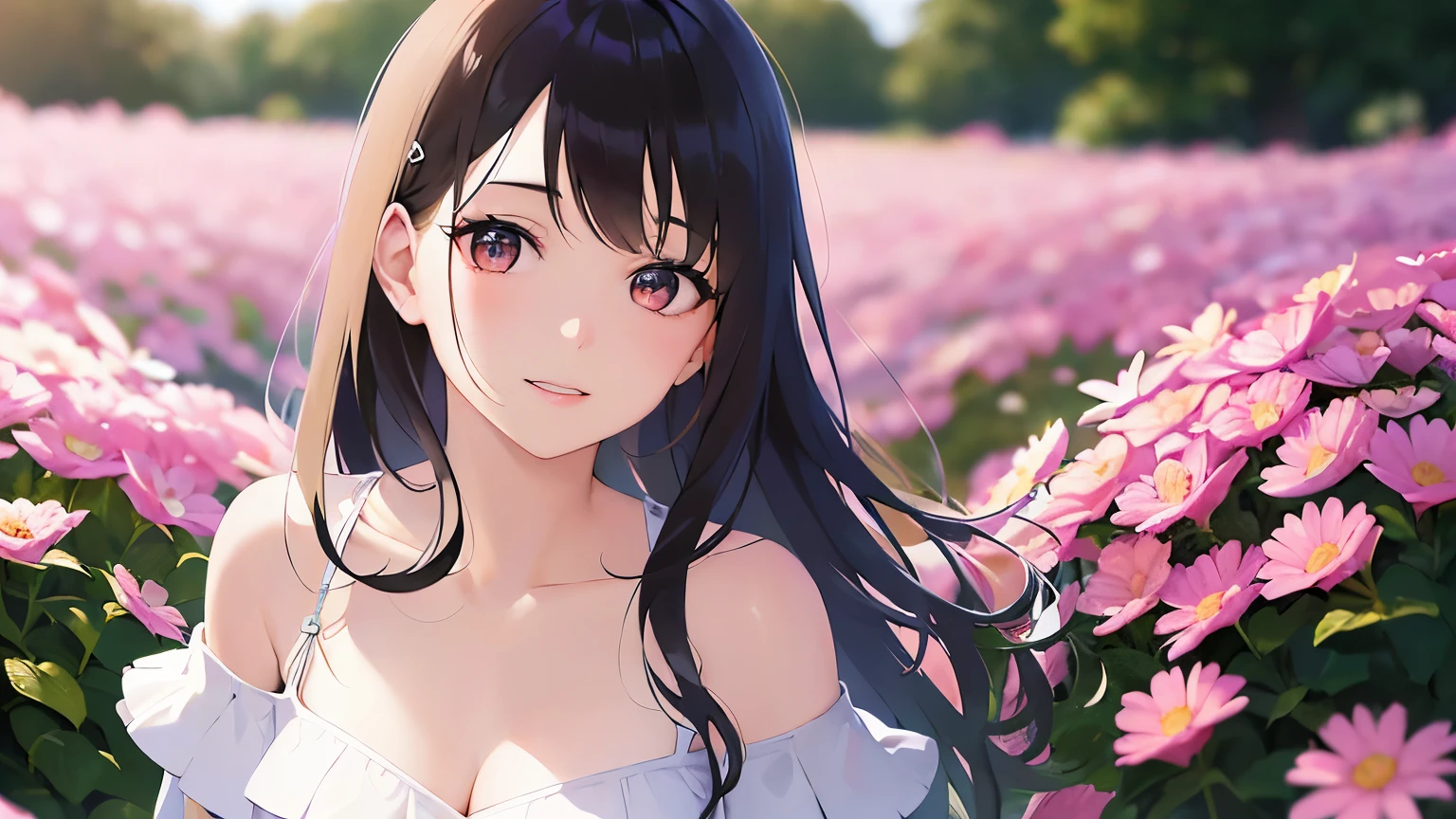 looking at viewer, upper Body,Realistic, real person, (pale skin: 1.2), RAW photo, photorealistic, shiny skin, shiny hair、 (A 25-year-old woman with medium-length hair and bangs) and (wavy hair) and (brown hair) and (orange eyes) smile, (white) and (off shoulder blouse), The background is a flower field,Smiling,happy