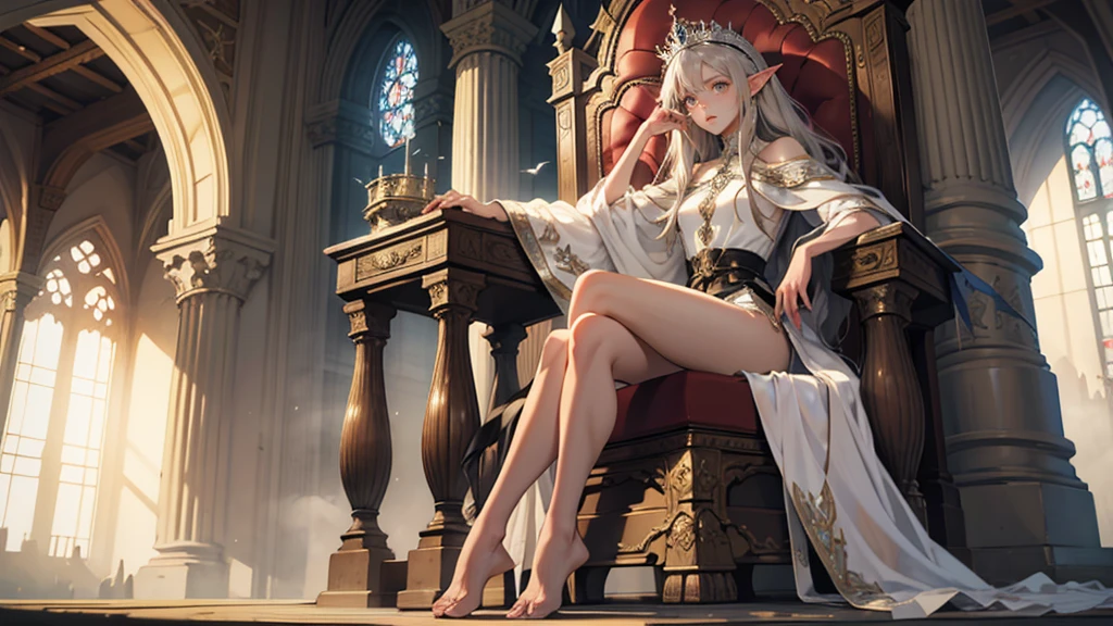 masterpiece, ultra detailed, 8K Portrait, Raw photo, a portrait photo of girl, Highly detailed face, beautiful and meticulous eyes, ((Fantasy)), (elf:1.0), 1woman, 30 year old, gray long hair, brown eyes, (melancholy expression:1.2), tiara, skinny, (ultra thin transparent silk cloth), hooded long white coat Fluttering in the wind, ((bare foots)), Midday Sun, Hyper realistic, out of medieval castle in the sky, sitting on the throne, Ambient lighting, Shadow details , strong breeze, Light fog