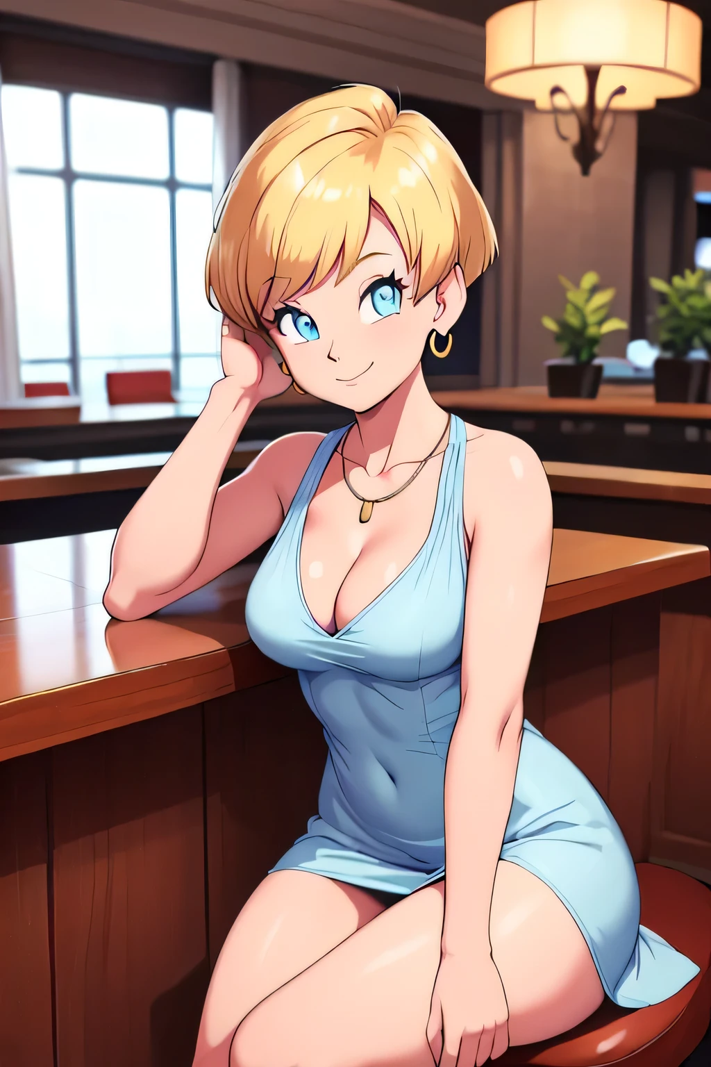 masterpiece, best quality, erasa, 1girl, solo, breasts, looking at viewer, smile, short hair, closed mouth, blue eyes, blonde hair, medium breasts, dress, bare_shoulders, jewelry, sitting, head rest, arm_support, thighs, earrings, indoors, blue cocktail dress, in a classy hotel lobby, sitting at the bar, sleeveless silk dress, deep v, silver necklace,
