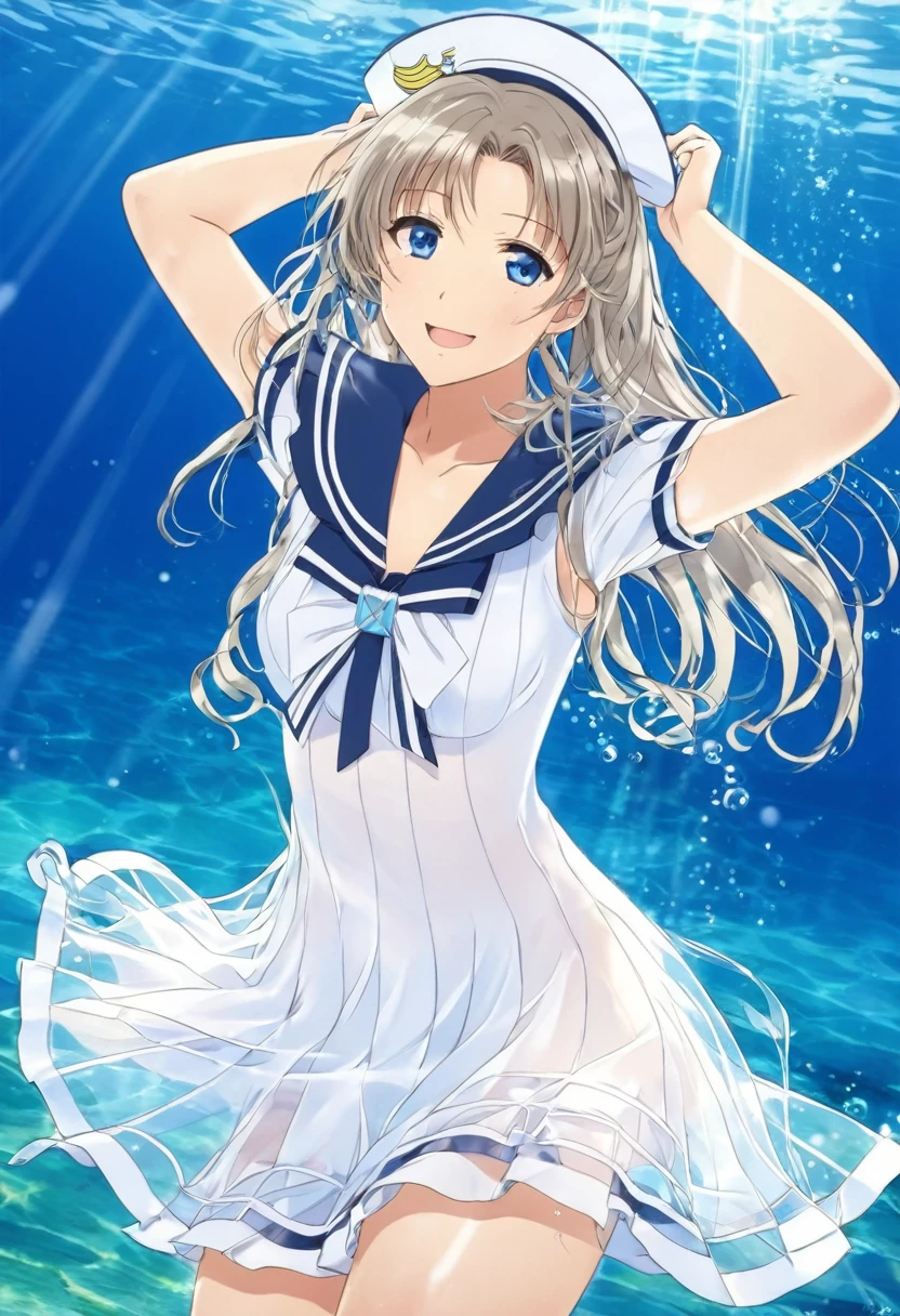 (See-through:),white seraph,Sailor Dress, White Theme,, セーラーSwimwear, View your audience, Insanity, Disheveled long hair, Beautiful details,Hair shines,elevation,Blue sailor collar, Firm breasts,A light smile,partially underwater...、Fluttering hem、anime、anime風、See-through、Swimwear