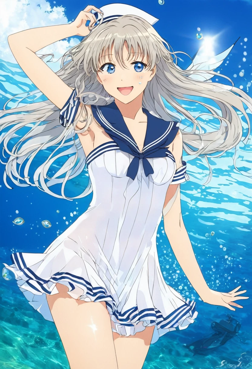 (See-through:),white seraph,Sailor Dress, White Theme,, セーラーSwimwear, View your audience, Insanity, Disheveled long hair, Beautiful details,Hair shines,elevation,Blue sailor collar, Firm breasts,A light smile,partially underwater...、Fluttering hem、anime、anime風、See-through、Swimwear