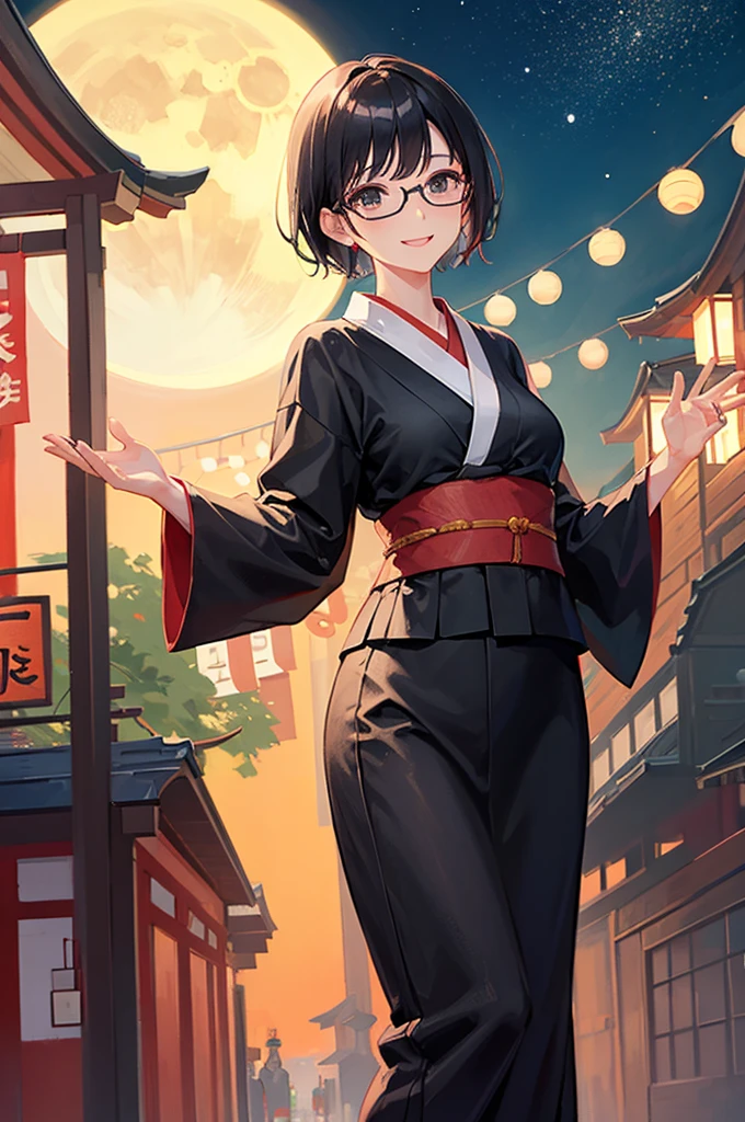 woman、Black short hair、Wear glasses、smile、Waving、Yukata、Festivals、shrine、I can see the moon、Night Sky