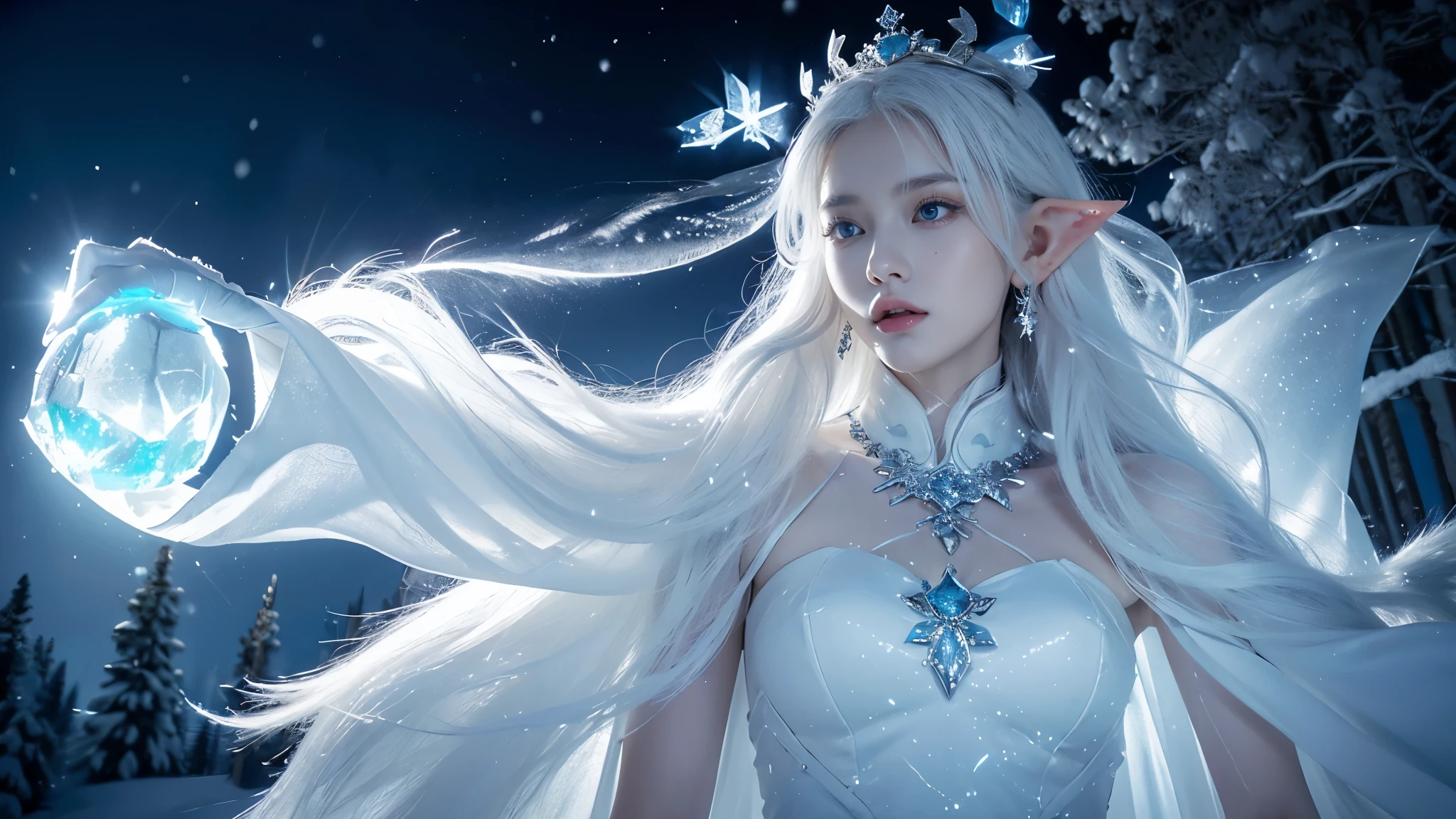 (( Elf girl with long white hair, blue eyes, good shape, long white dress, cape, ice crown, ice earrings )), (( Riding on the back of a large thick white-haired wolf Fierce, scary, majestic. )), full body image, Look at the camera., Front camera angle: Wild, Cold Weather, snow, snowfall, Snow droplets, Snow in the air, cinematic scene, Magic, Snow Magic, fantasy, mythology, decoration, diffused lighting, moon light, moon, (Ice magic on hand ), ( Release the ice from your hands. ), ( Ice aura around you ), ( Ice effect on the body ), nsfw