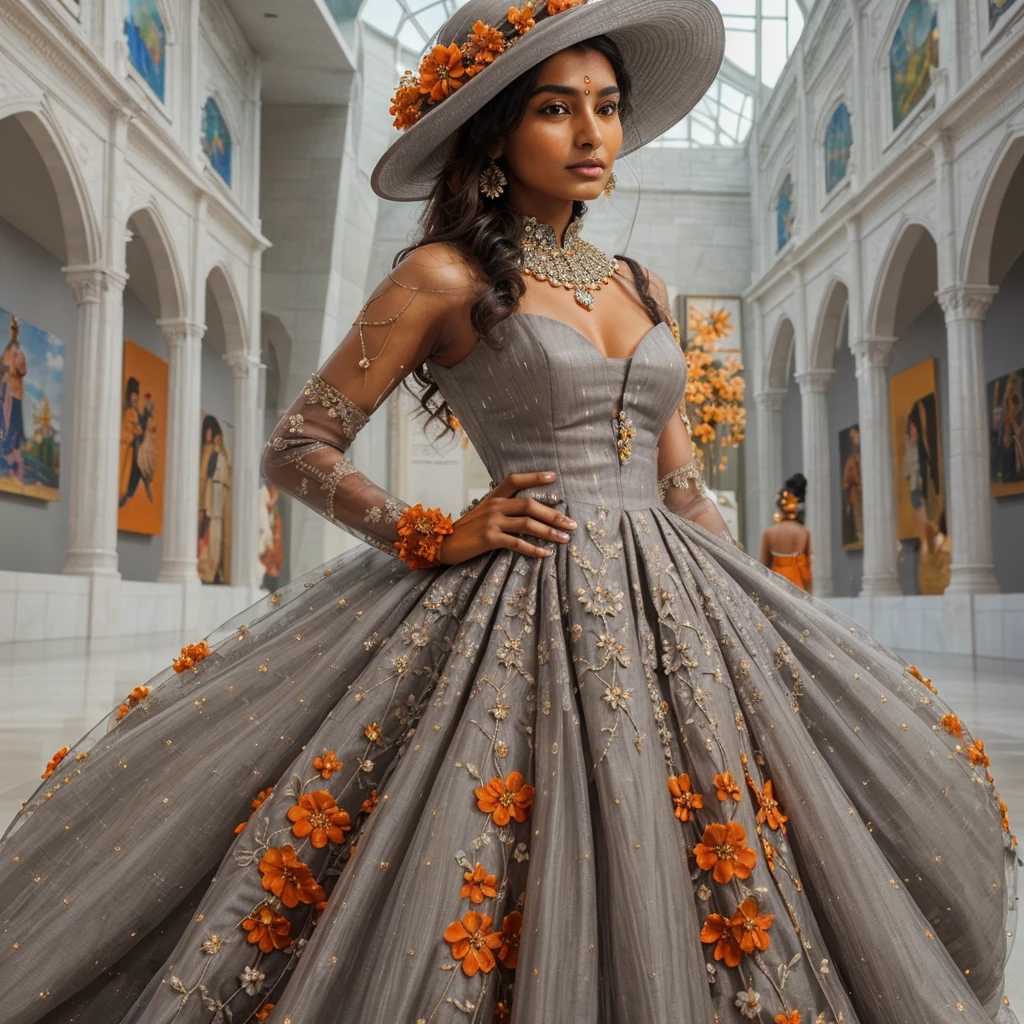 stunning (((brown indian girl))) adorned in a breathtaking, ((grey floral)) (((art piece dress with orange flowers))), intricately detailed and flawlessly fitted to her body. The garment, inspired by impressionism art with vibrant ((orange hues)), is embellished with delicate embroidery and shimmering crystals. Matching (cyan gloves) adorns her hands and a ((gorgeous victorian hat)) complementing her elegant dress. The ensemble, ((polished to perfection)), is designed to captivate in any fashion show, set against a (((museum))) background.