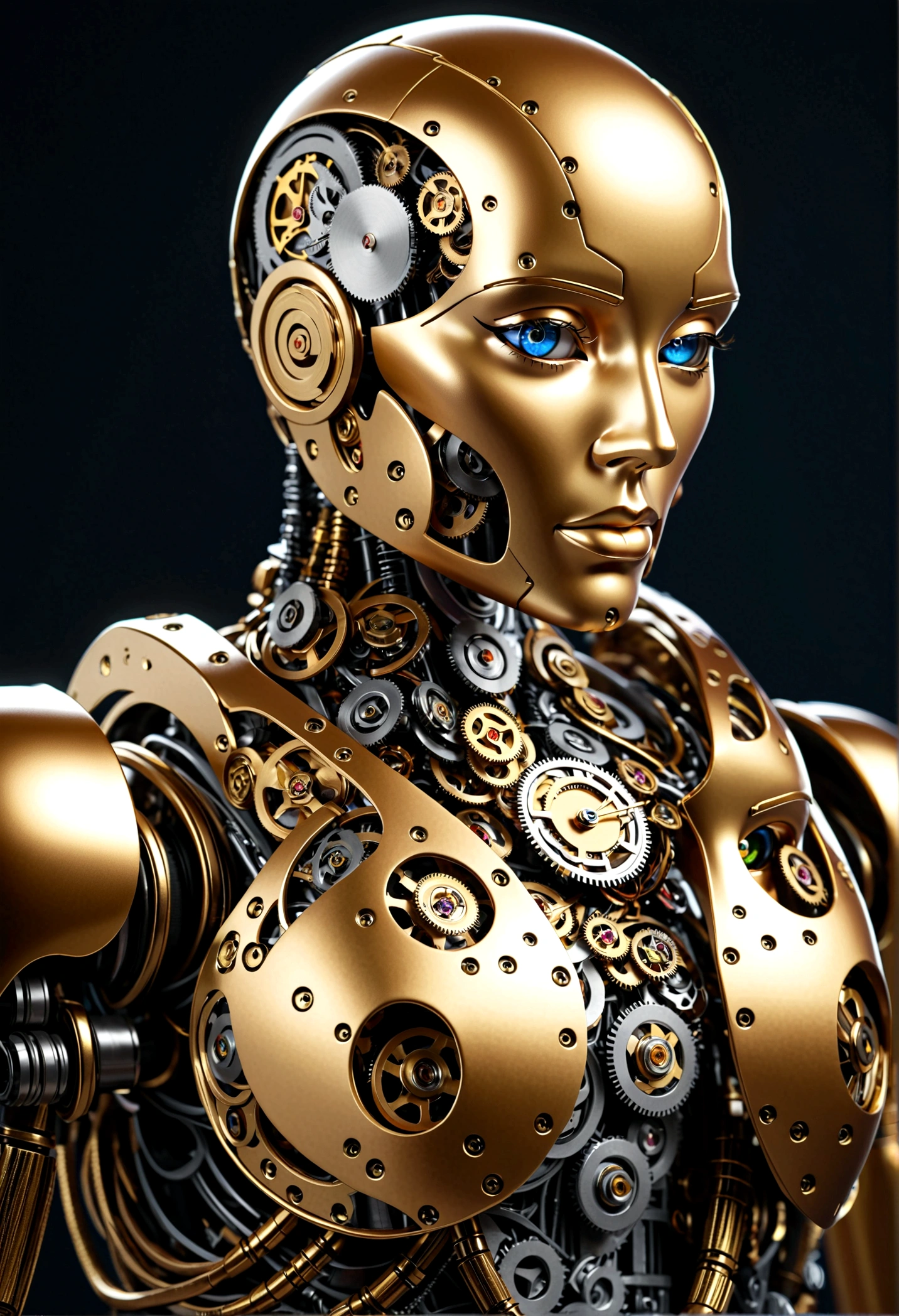 A robot with a human face, but the rest of the body is made entirely of metal gears and clockworks, focus on the face