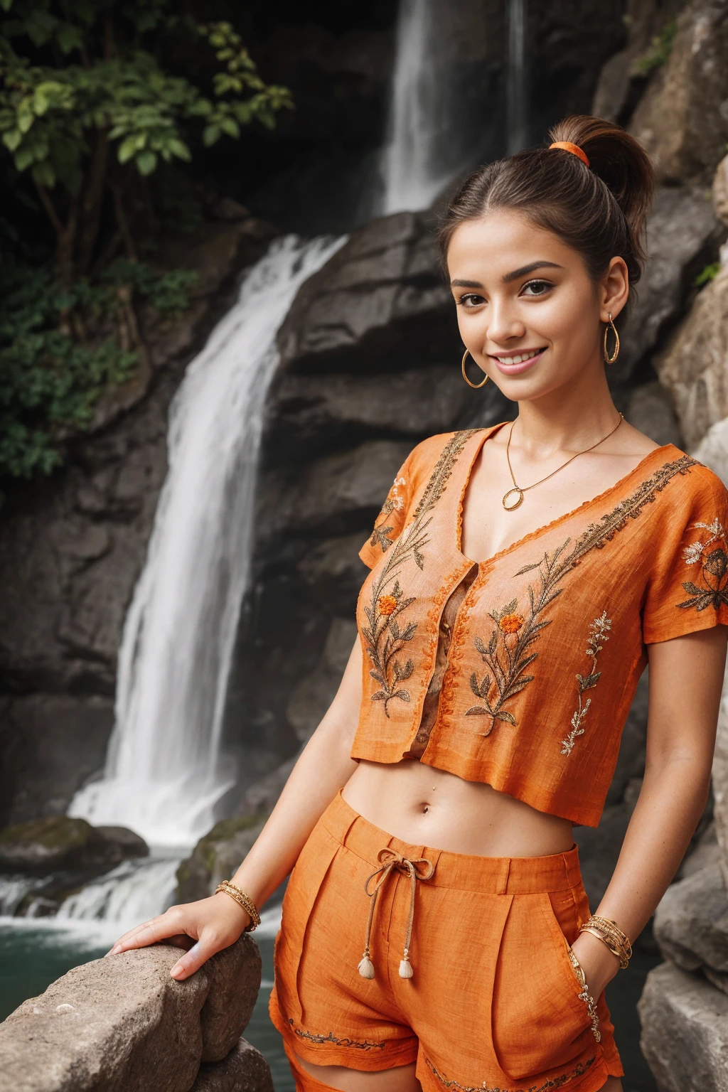 Half-length glamour portrait, nikon D850, f1.6 lens, 200mm, DSLR, 22 Megapixels, (((Luxury hotel with indoor garden and waterfalls scene))), shot of a stunning 20 years old portuguese girl, (smile:1.4), (wearing Orange Linen shorts set with light brown embroidered top:1.6), ((seductive pose)), hot girl, (((big natural breasts))), (((brown ponytail hair))), (small girl), symmetrical face, photorealistic, photography, (bright natural lighting), gorgeous, deep cleavage, (masterpiece), best quality, high resolution, extremely detailed, cinematic lighting, (((very narrow waist))), rich colors, hyper realistic, lifelike texture, ((jewelry)), (((She has beautiful hands and wears rings))), (bracelet), (necklace), (ankle chain), (nail polish) (earrings), Fuji Superia 200, 8k