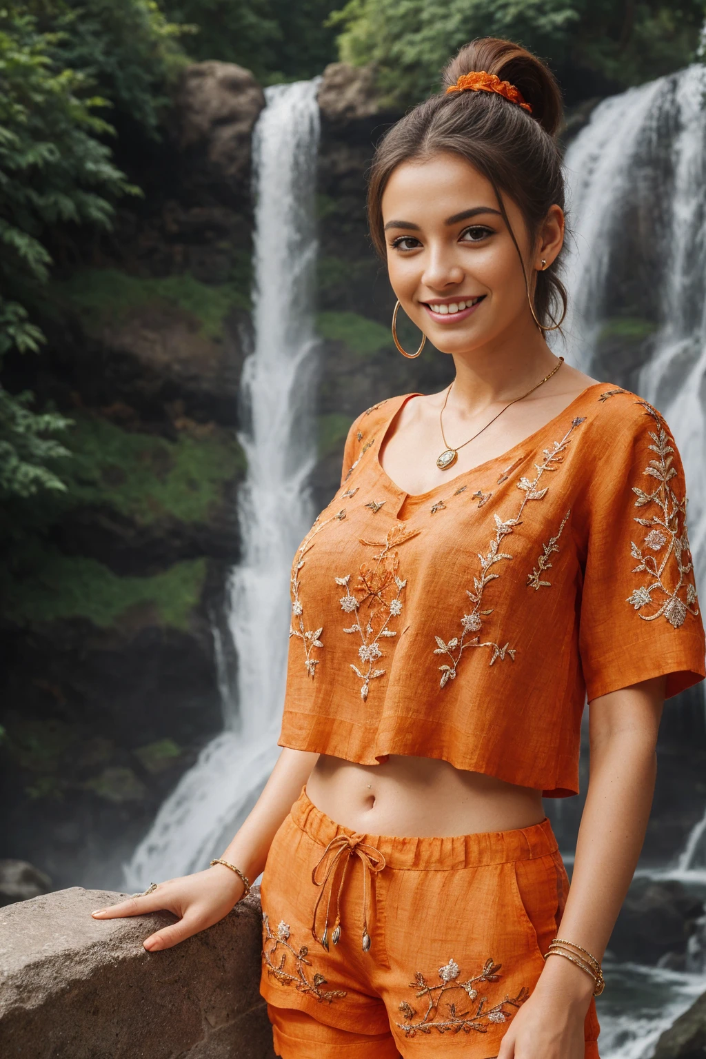 Half-length glamour portrait, nikon D850, f1.6 lens, 200mm, DSLR, 22 Megapixels, (((Luxury hotel with indoor garden and waterfalls scene))), shot of a stunning 20 years old portuguese girl, (smile:1.4), (wearing Orange Linen shorts set with light brown embroidered top:1.6), ((seductive pose)), hot girl, (((big natural breasts))), (((brown ponytail hair))), (small girl), symmetrical face, photorealistic, photography, (bright natural lighting), gorgeous, deep cleavage, (masterpiece), best quality, high resolution, extremely detailed, cinematic lighting, (((very narrow waist))), rich colors, hyper realistic, lifelike texture, ((jewelry)), (((She has beautiful hands and wears rings))), (bracelet), (necklace), (ankle chain), (nail polish) (earrings), Fuji Superia 200, 8k
