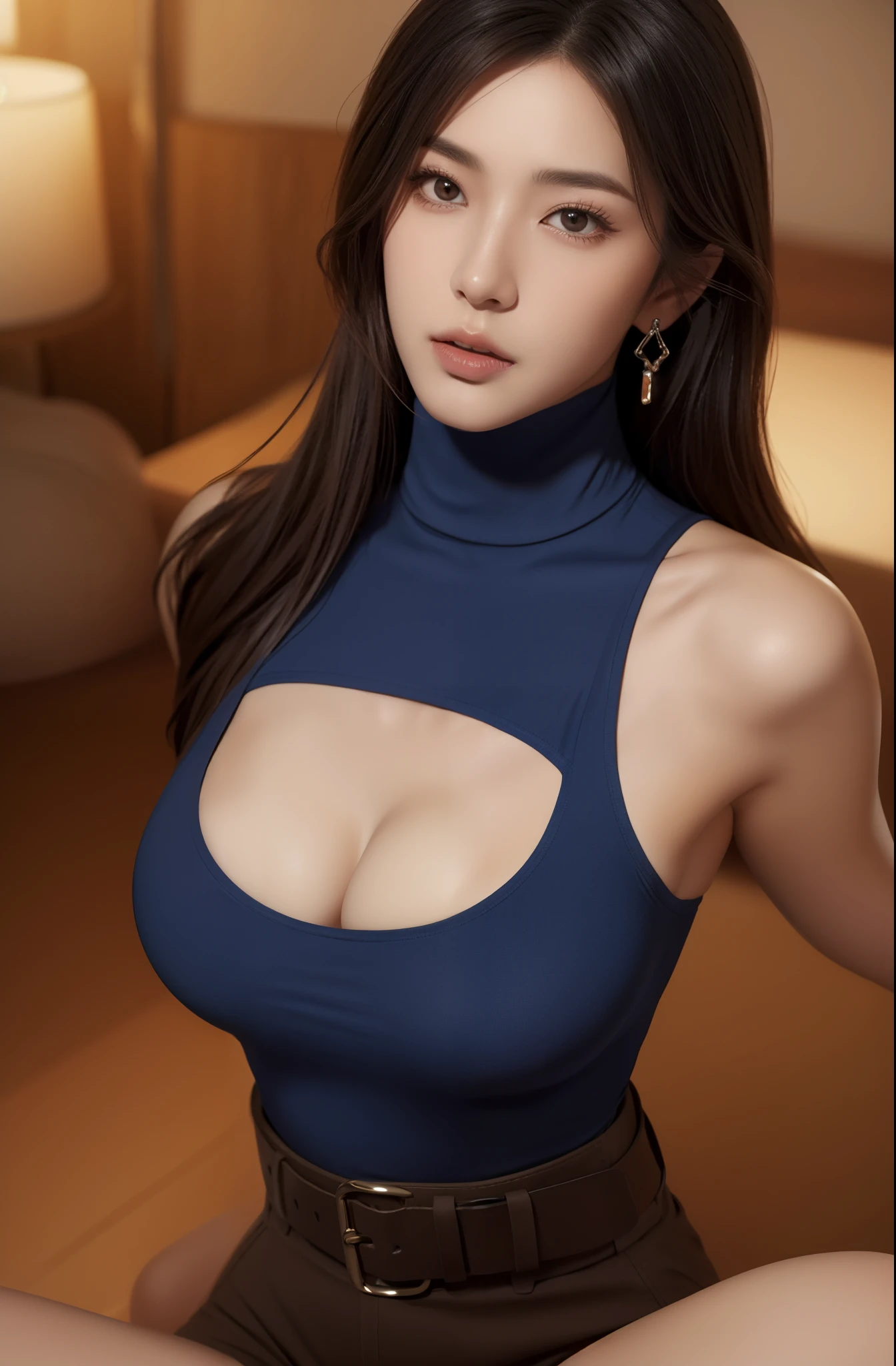 nagihikaru_jav, large breasts, natural makeup, defined cheekbones, detailed face, detailed eyes, attractive body, wearing blue turtleneck, belt, highwaist,earring, breasts apart, dynamite lighting, view from above, sitting, ((close-up shot)), studio photography, (ulzzang-6500:0.2), (ultimate quality, masterpiece, highres:1.0), (photorealistic, realistic:1.9),