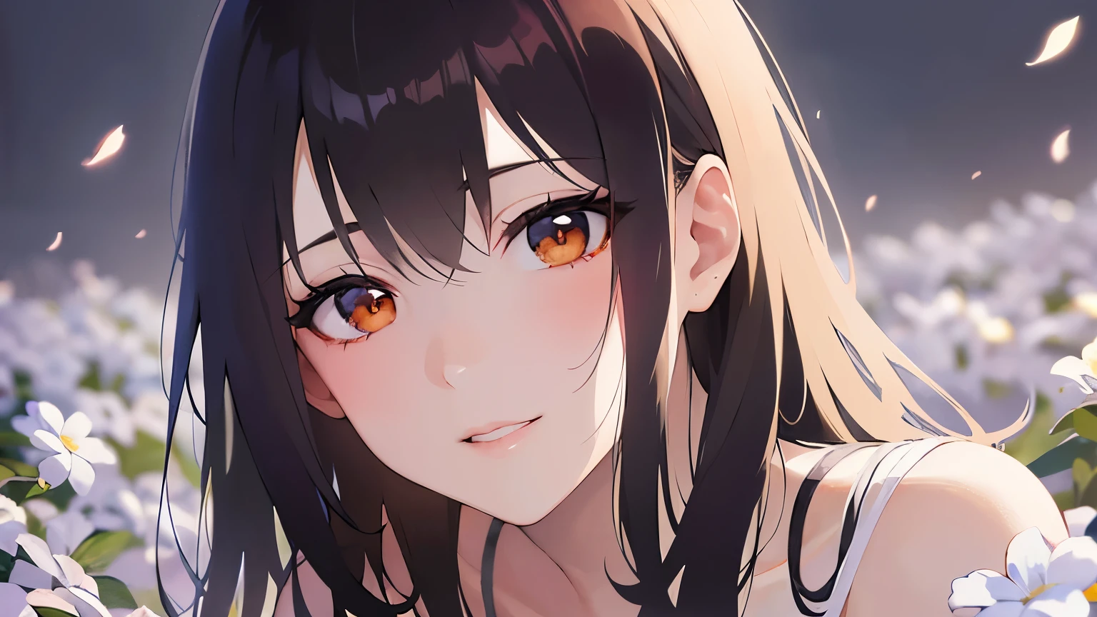 looking at viewer, upper Body,Realistic, real person, (pale skin: 1.2), RAW photo, photorealistic, shiny skin, shiny hair、 (A 25-year-old woman with medium-length hair and bangs) and (wavy hair) and (brown hair) and (orange eyes) smile, (white) and (off shoulder blouse), The background is a flower field、Delighted、happy