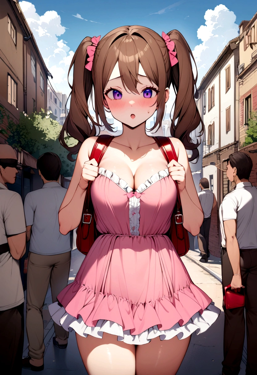 masterpiece, Highest quality, Nico_Yazawa,High resolution, 1 Girl, alone, Brown Hair, short hair, Twin tails、Purple eyes, Cowboy Shot, Frill dress, , Pink Dress, (Cleavage)、(Beautiful thighs)、city, Outdoor, garden, Carrying a red backpack, (randoseru backpack:1.2)、A girl is surrounded by men masturbating their dicks