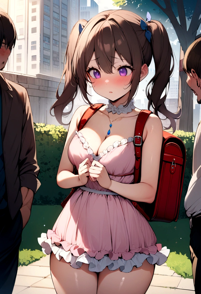 masterpiece, Highest quality, Nico_Yazawa,High resolution, 1 Girl, alone, Brown Hair, short hair, Twin tails、Purple eyes, Cowboy Shot, Frill dress, , Pink Dress, (Cleavage)、(Beautiful thighs)、city, Outdoor, garden, Carrying a red backpack, (randoseru backpack:1.2)、A girl is surrounded by men masturbating their dicks