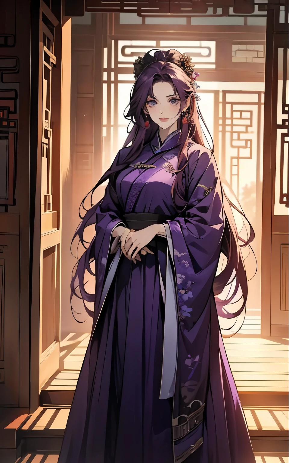 1 middle-aged women, (45 years old), long purple hair, blue eyes, chinese clothes, (!PURPLE! clothes, ultra long skirt ), purple chinese room, face portrait