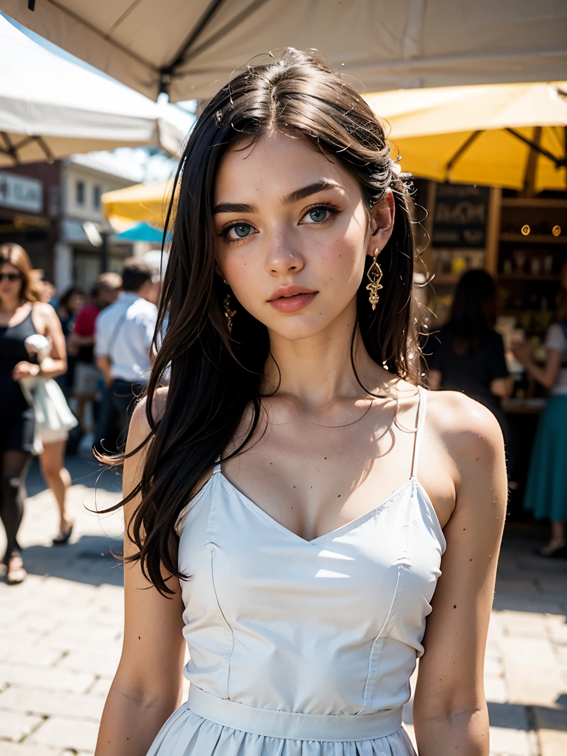 35mm film, solo, updo, makeup, blue eyes, , medieval (white dress), green skirt, looking at viewer, epiCPhoto,focus on face, close to viewer, intricate lines, cobbled street, (medieval market), sharp magnificent details, delicate features, elaborate details, beautiful girl, black hair, (long hair) eighteen years old woman, ((upper body)) (Acne), ((natural lighting))