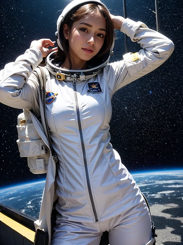 (smile)、(((Staring at the audience)))、((Wearing a space suit standing on the moon)),wear spacesuits, 白いDressed in an astronaut costume, Cute girl in a tank top, girl in space, In space, (((Dressed in an astronaut costume))), woman astronaut, ((Open stance on the moon))、((Sexy young woman's body:1.4))、(dance)、White shorts、