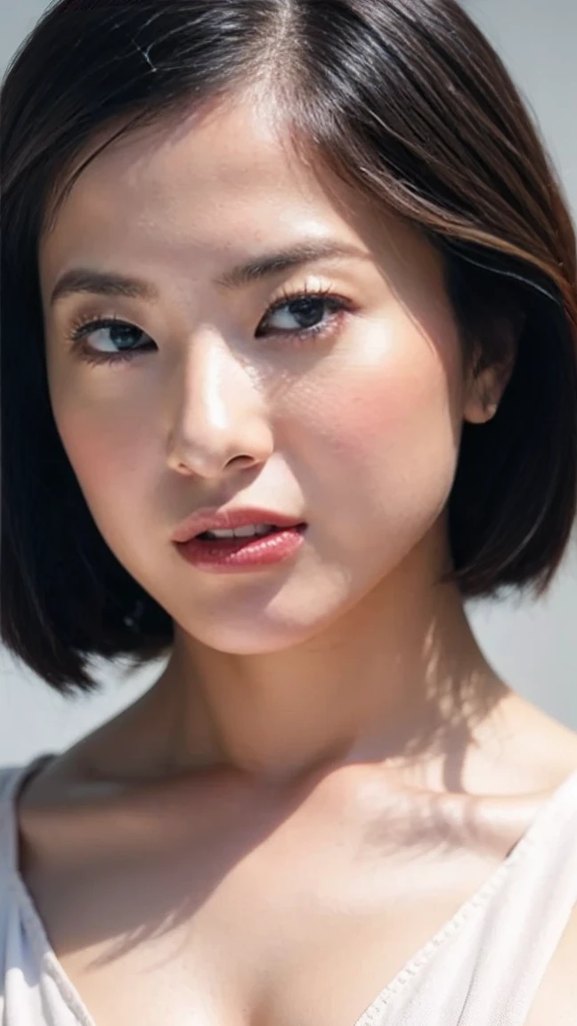 ((Highest quality, 8K, masterpiece, Super detailed, Ultra-high resolution, Realistic, RAW Photos, Absurd, The absolute solution:1.5)), Beautiful woman, One girl, Slim Abs :1.5, Dark brown hair, Bobcut, Large Breasts, (Browsing Caution:1.5, black pantyhose, No pants, No pants, pantyhose, Spread your legs, topless, roller:No Panties Hose:1), Highly detailed face, Highly detailed lips, Fine grain, double eyelid