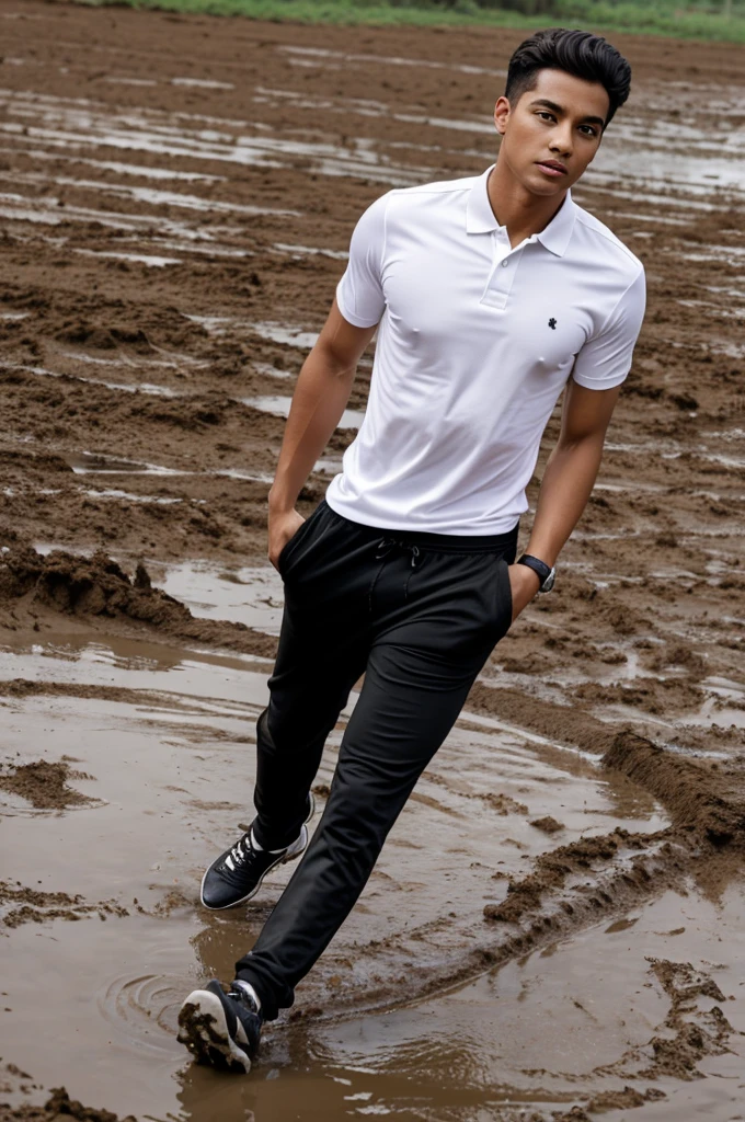 Young adult wearing white polo shirt tucked in black jogging pants crawling in mud 