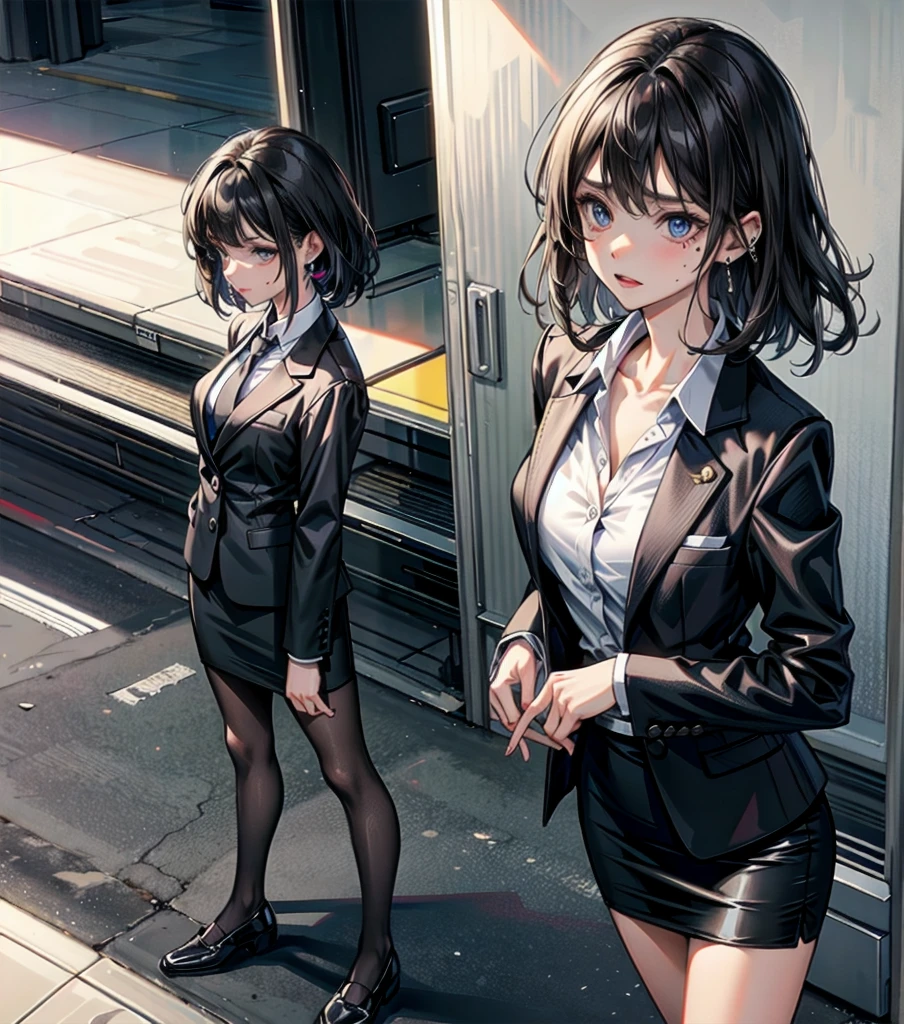 full body, medium tits, medium hair, black hair, tearful mole, earring, business suit, blazer, pencil skirt, collarbone, shirt, tie,