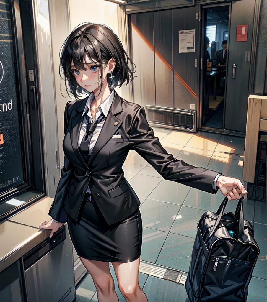 full body, medium tits, medium hair, black hair, tearful mole, earring, business suit, blazer, pencil skirt, collarbone, shirt, tie,