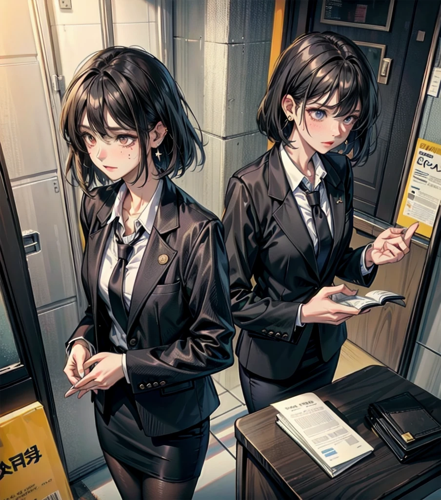 full body, medium tits, medium hair, black hair, tearful mole, earring, business suit, blazer, pencil skirt, collarbone, shirt, tie,