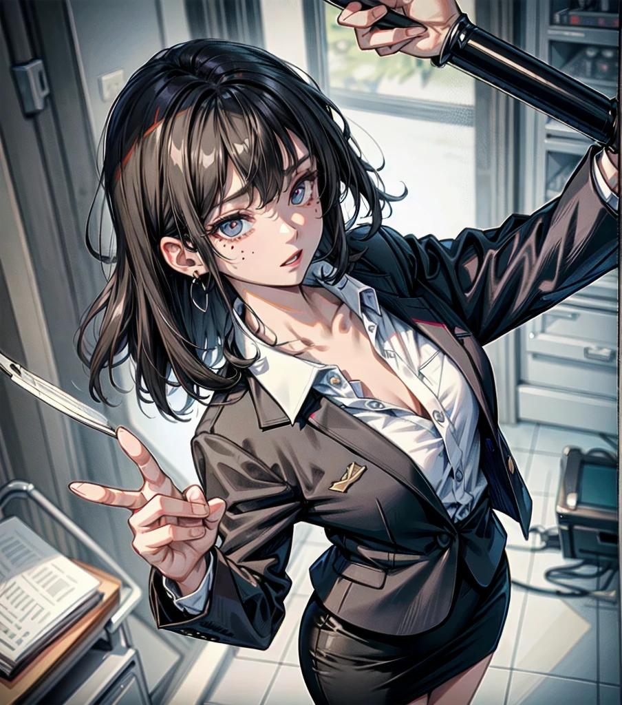 full body, medium tits, medium hair, black hair, tearful mole, earring, business suit, blazer, pencil skirt, collarbone, shirt, tie,