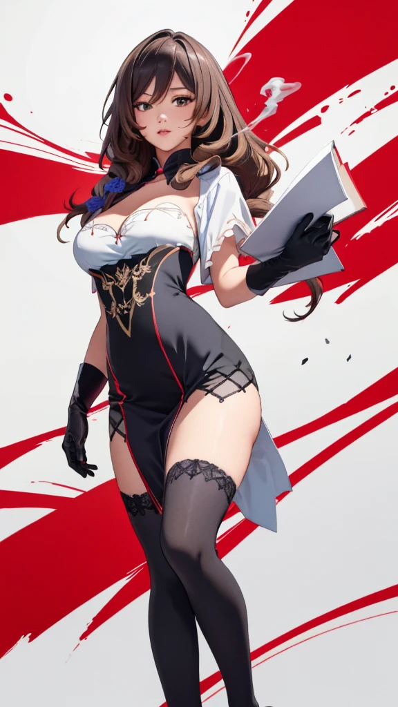 random angle image, brush drawing image, full body close portrait image, beautiful busty Asian female teen, aged 20, soft skin colour, flowing long black hair, wearing red slim fit short maid dress with stockings, dynamic pose, red smoke lines behind, white background, 8K resolution 