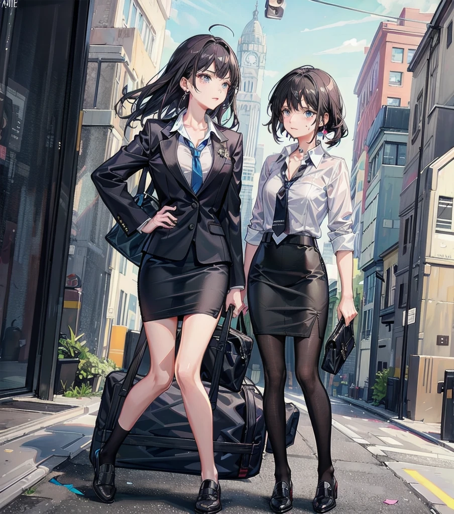 full body, medium tits, medium hair, black hair, tearful mole, earring, business suit, blazer, pencil skirt, collarbone, shirt, tie,