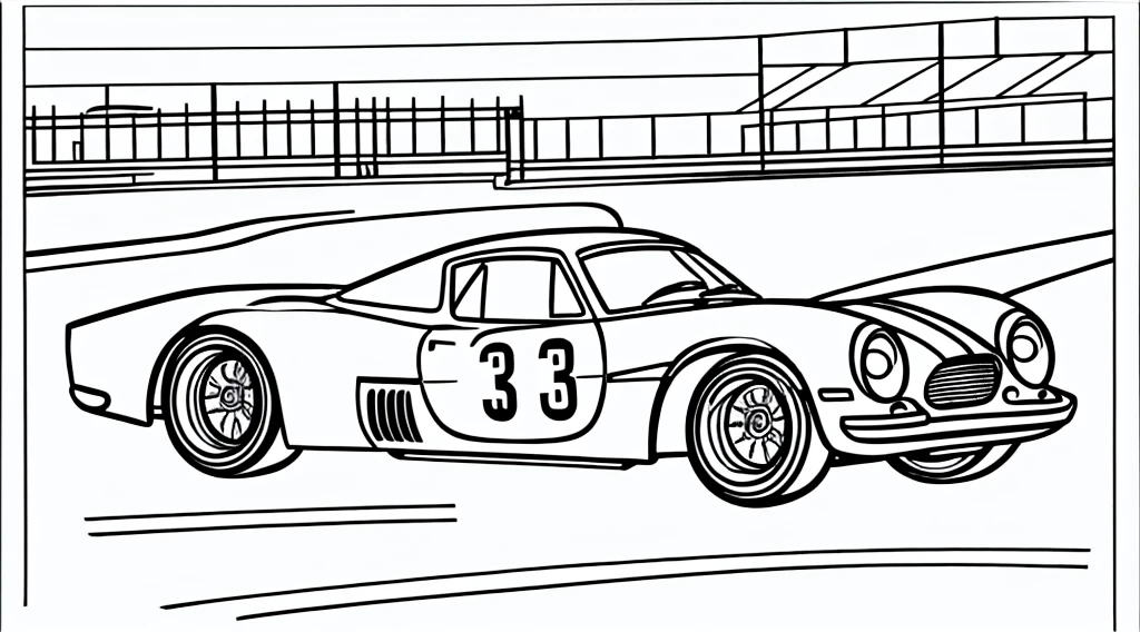 draw coloring book pages, nicely drawn, black and white, and color, car racing on a track, simple line, illustration, ink drawing, very visible thick outlines, clean lines, line drawing, clipart. A car is moving along the road, another one is catching up behind it. In the background - stands and scoreboard.