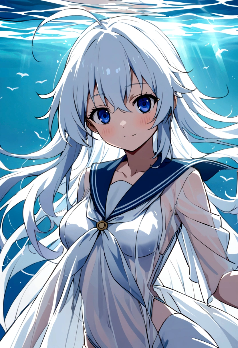(See-through:),white seraph,Sailor Dress, White Theme,, セーラーSwimwear, View your audience, Insanity, Disheveled long hair, Beautiful details,Hair shines,elevation,Blue sailor collar, Firm breasts,A light smile,partially underwater...、Fluttering hem、anime、anime風、See-through、Swimwear