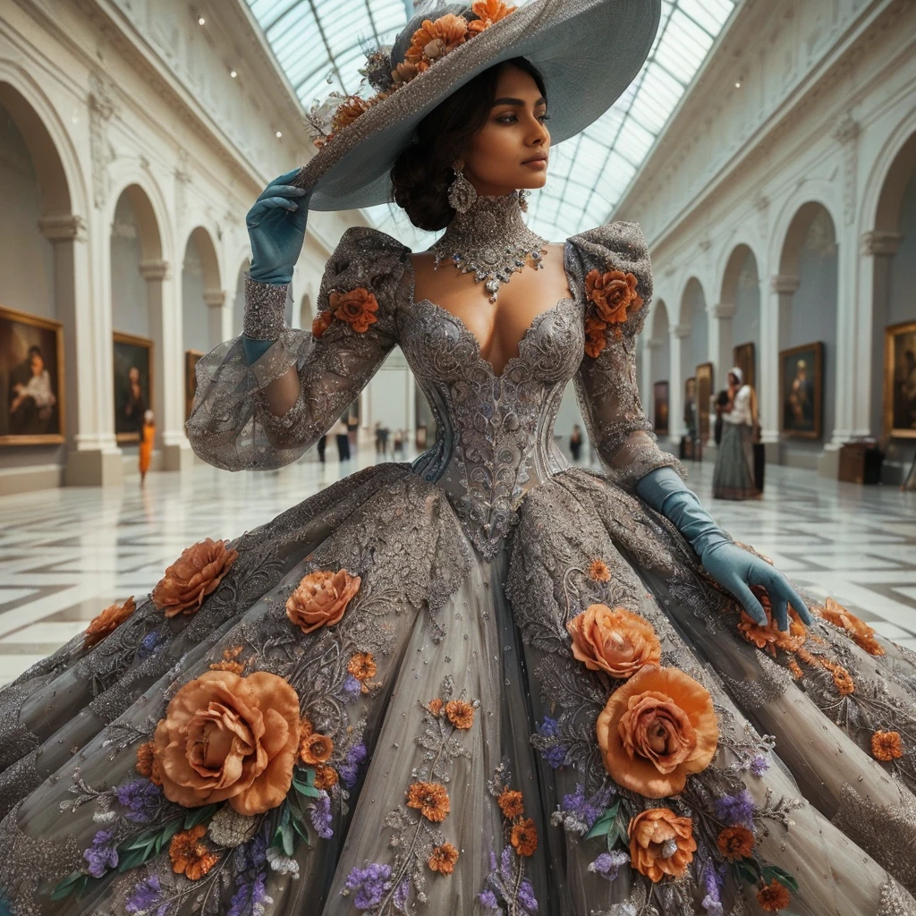 stunning (((brown indian girl))) adorned in a breathtaking, ((grey floral)) (((art piece dress with orange flowers))), intricately detailed and flawlessly fitted to her body. The garment, inspired by impressionism art with vibrant ((orange hues)), is embellished with delicate embroidery and shimmering crystals. Matching (cyan gloves) adorns her hands and a ((gorgeous victorian hat)) complementing her elegant dress. The ensemble, ((polished to perfection)), is designed to captivate in any fashion show, set against a (((museum))) background.