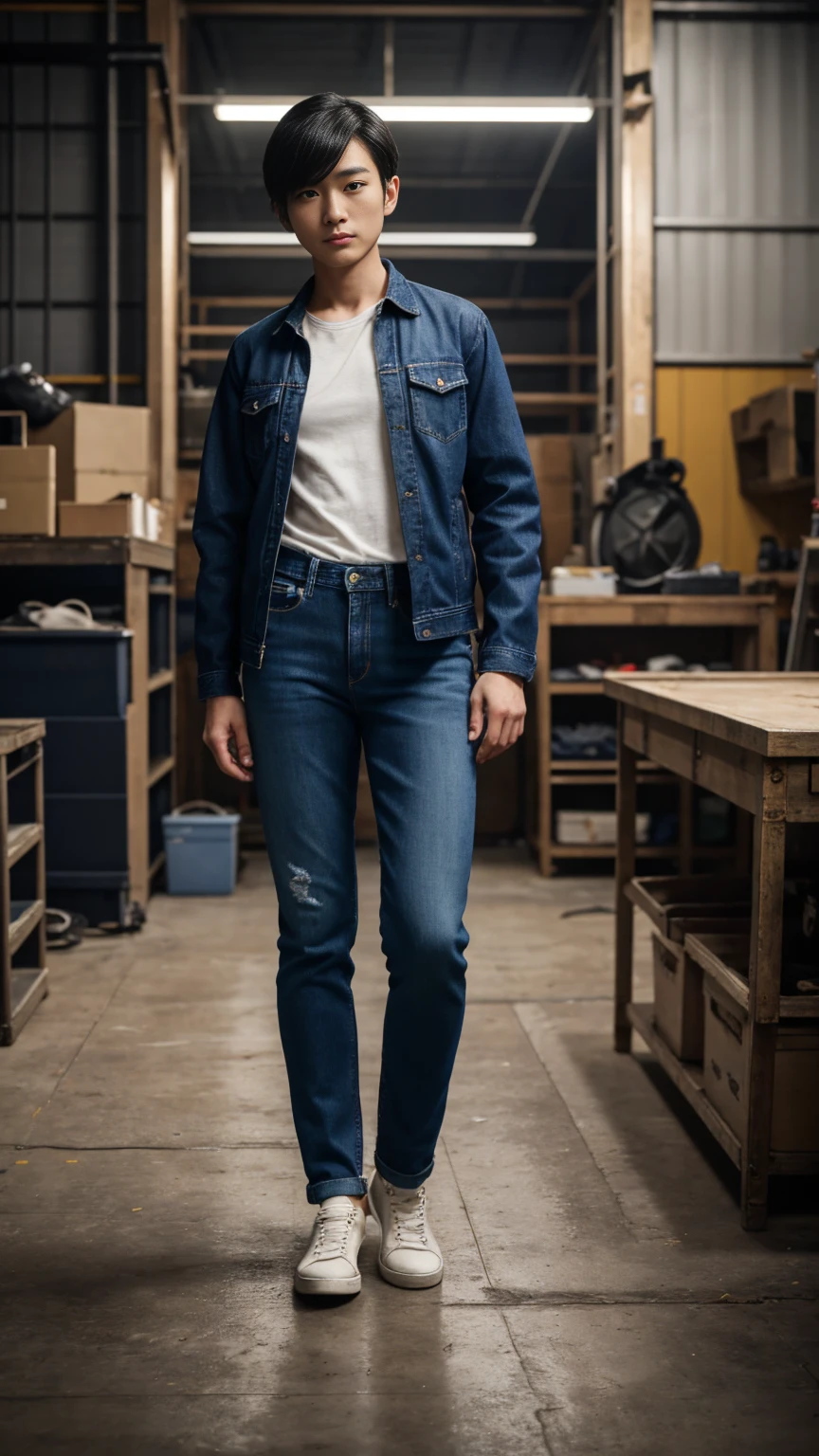 {{masterpiece, best quality, extremely detailed CG, unity 8k wallpaper, cinematic lighting, }}, Sony α7, wide frame, A short haired Japanese girl crossdressing as a man wearing man's jacket, shirt, long jeans, and shoes standing in a workshop with cool pose and fierce expression, body facing straight to the camera.