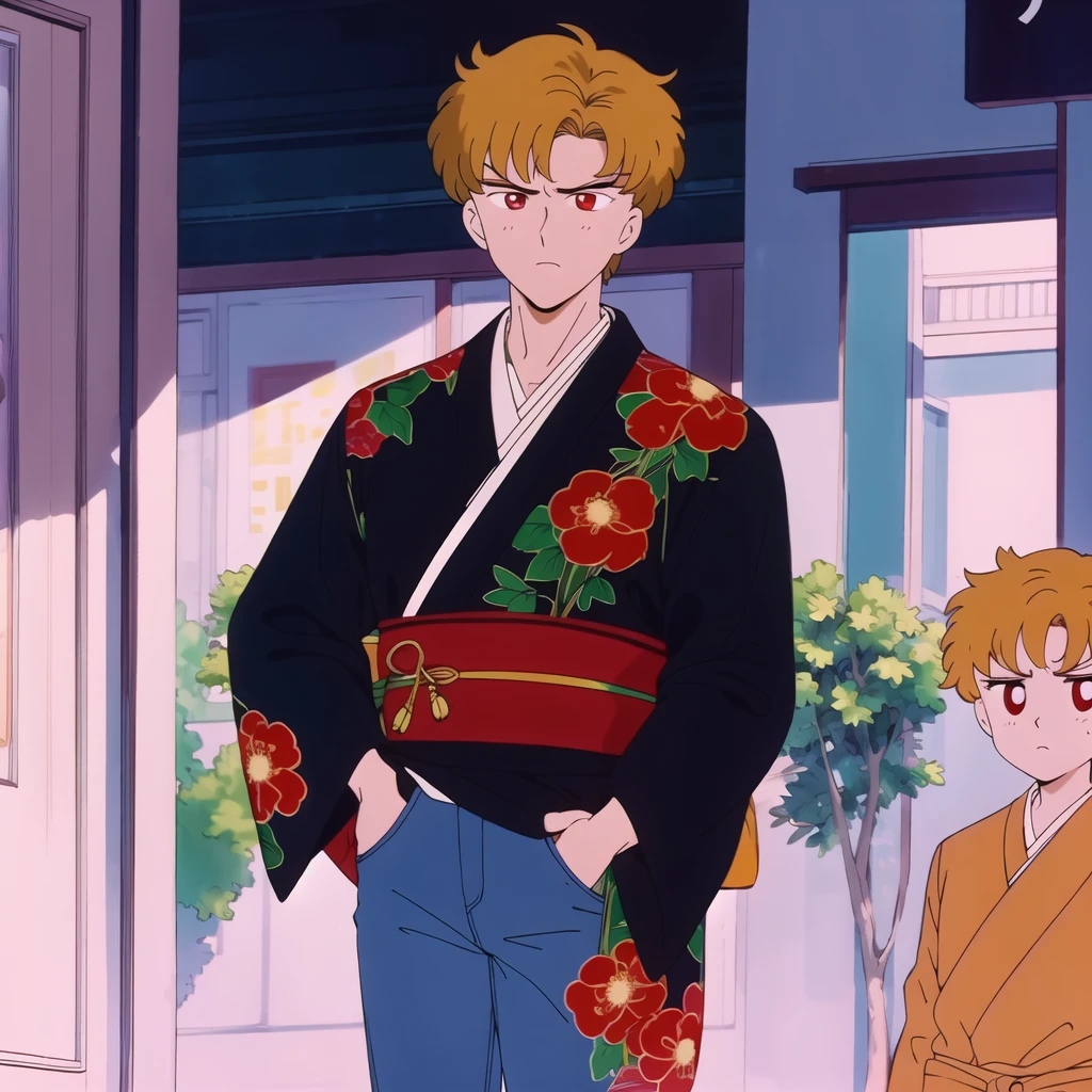 best quality 4k,masterpiece made in water,1 boy,intense serious expression,looking at the viewer,anime style messy blonde hair,shorth hair,citys,dressed in a kimono shirt with gold dragon markings and wearing black jeans,ao fundo uma citys suburbana no outono,Asian,Caucasian skin,big red eyes,with his right hand in his pocket,and the other hand is firm.