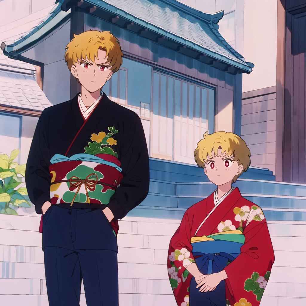 best quality 4k,masterpiece made in water,1 boy,intense serious expression,looking at the viewer,anime style messy blonde hair,shorth hair,citys,dressed in a kimono shirt with gold dragon markings and wearing black jeans,ao fundo uma citys suburbana no outono,Asian,Caucasian skin,big red eyes,with his right hand in his pocket,and the other hand is firm.