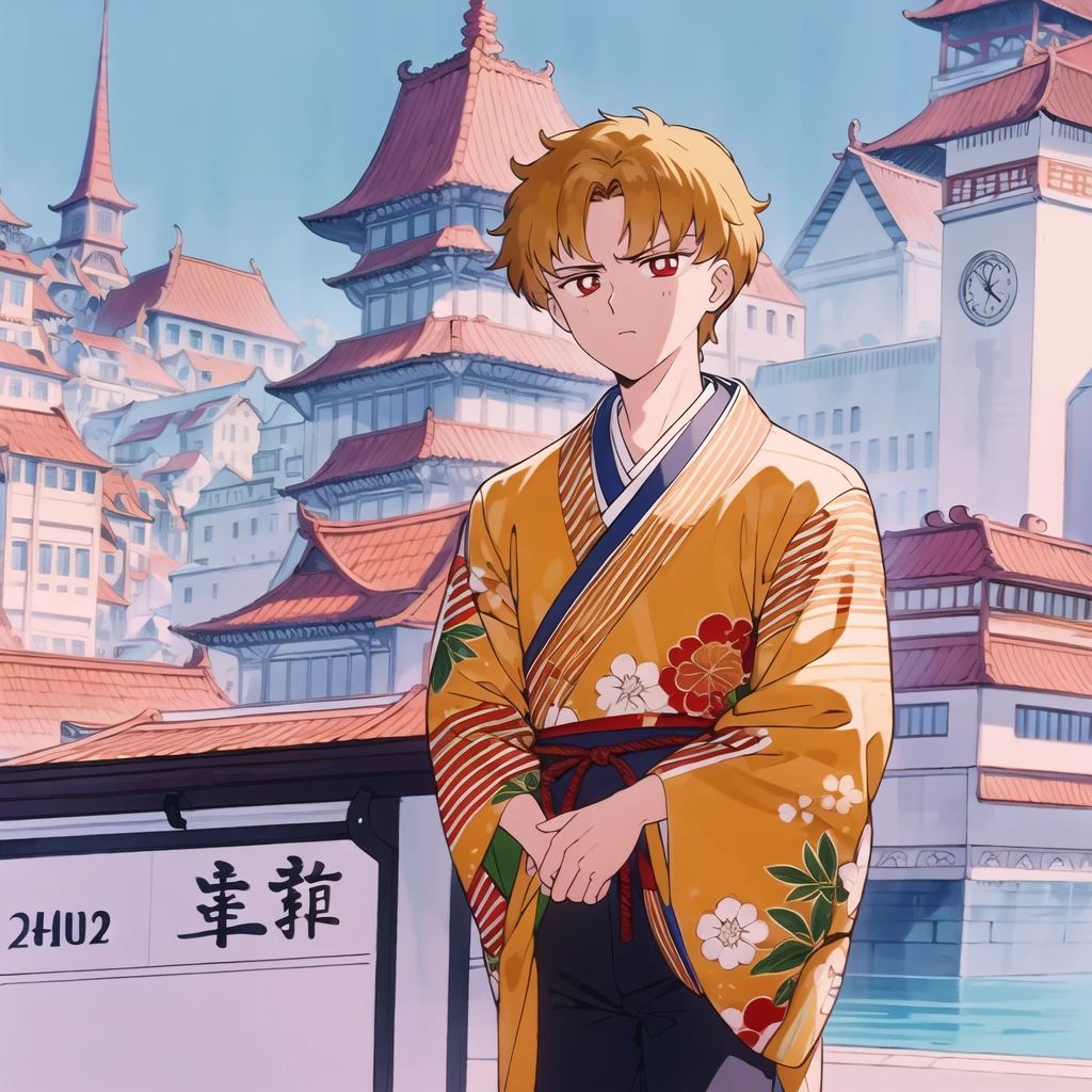 best quality 4k,masterpiece made in water,1 boy,intense serious expression,looking at the viewer,anime style messy blonde hair,shorth hair,citys,dressed in a kimono shirt with gold dragon markings and wearing black jeans,ao fundo uma citys suburbana no outono,Asian,Caucasian skin,big red eyes,with his right hand in his pocket,and the other hand is firm.