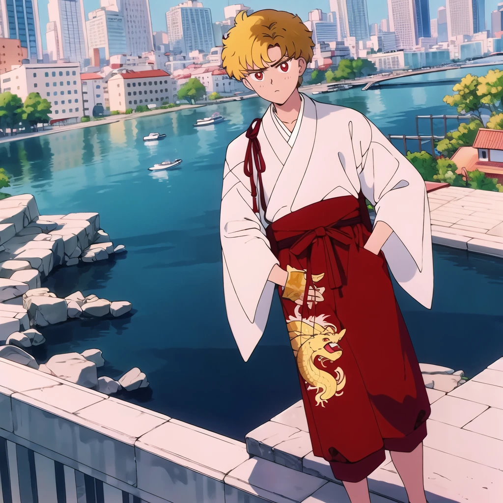 best quality 4k,masterpiece made in water,1 boy,intense serious expression,looking at the viewer,anime style messy blonde hair,shorth hair,citys,dressed in a kimono shirt with gold dragon markings and wearing black jeans,ao fundo uma citys suburbana no outono,Asian,Caucasian skin,big red eyes,with his right hand in his pocket,and the other hand is firm.