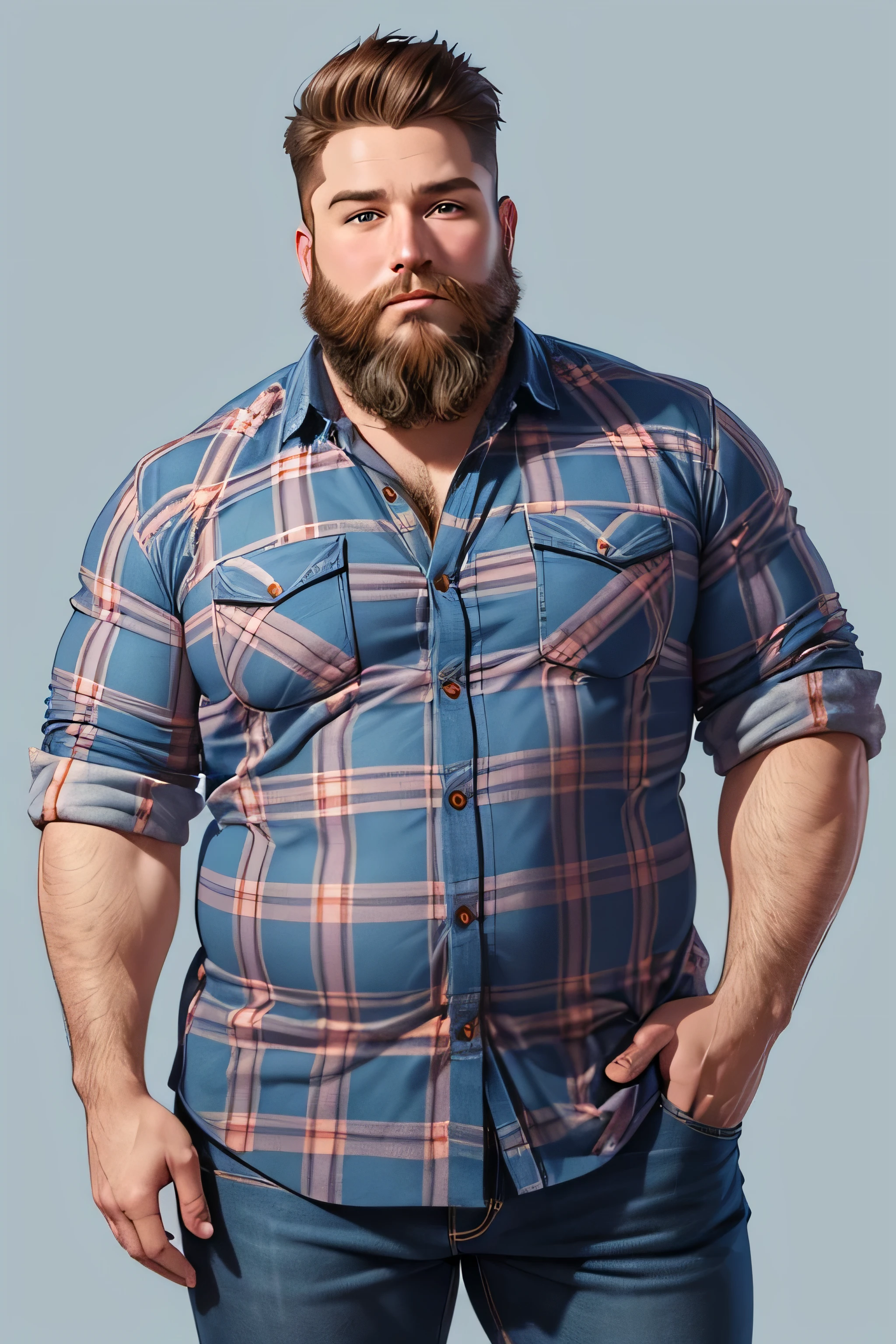Illustration, drawing of a man, 30 years old, chubby, beard, dressed with jeans pants and a plaid shirt. Lumber style. Solid blue background. Work of art. Image with side margins. #3D, #illustration, #cinematic
