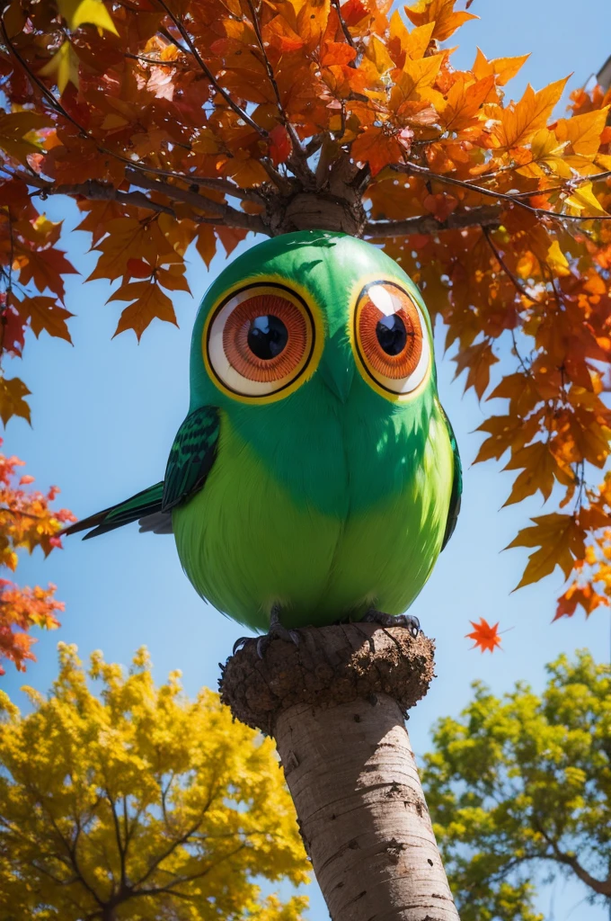 Trees with colorful leaves, birds with big eyes flying in a surrealistic style
