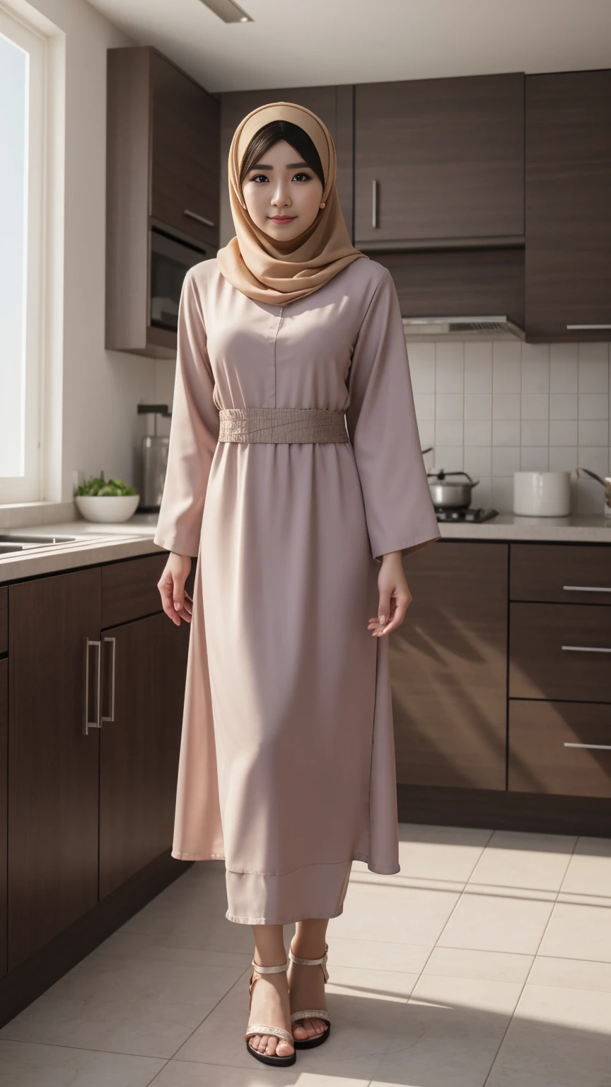 {{masterpiece, best quality, extremely detailed CG, unity 8k wallpaper, cinematic lighting, }}, Sony α7, wide frame, A Korean man crossdressing as a woman wearing perfect loose hijab, pastel abaya dress, and woman's sandals standing in the kitchen with timid pose and shy expression, he is facing to the camera.