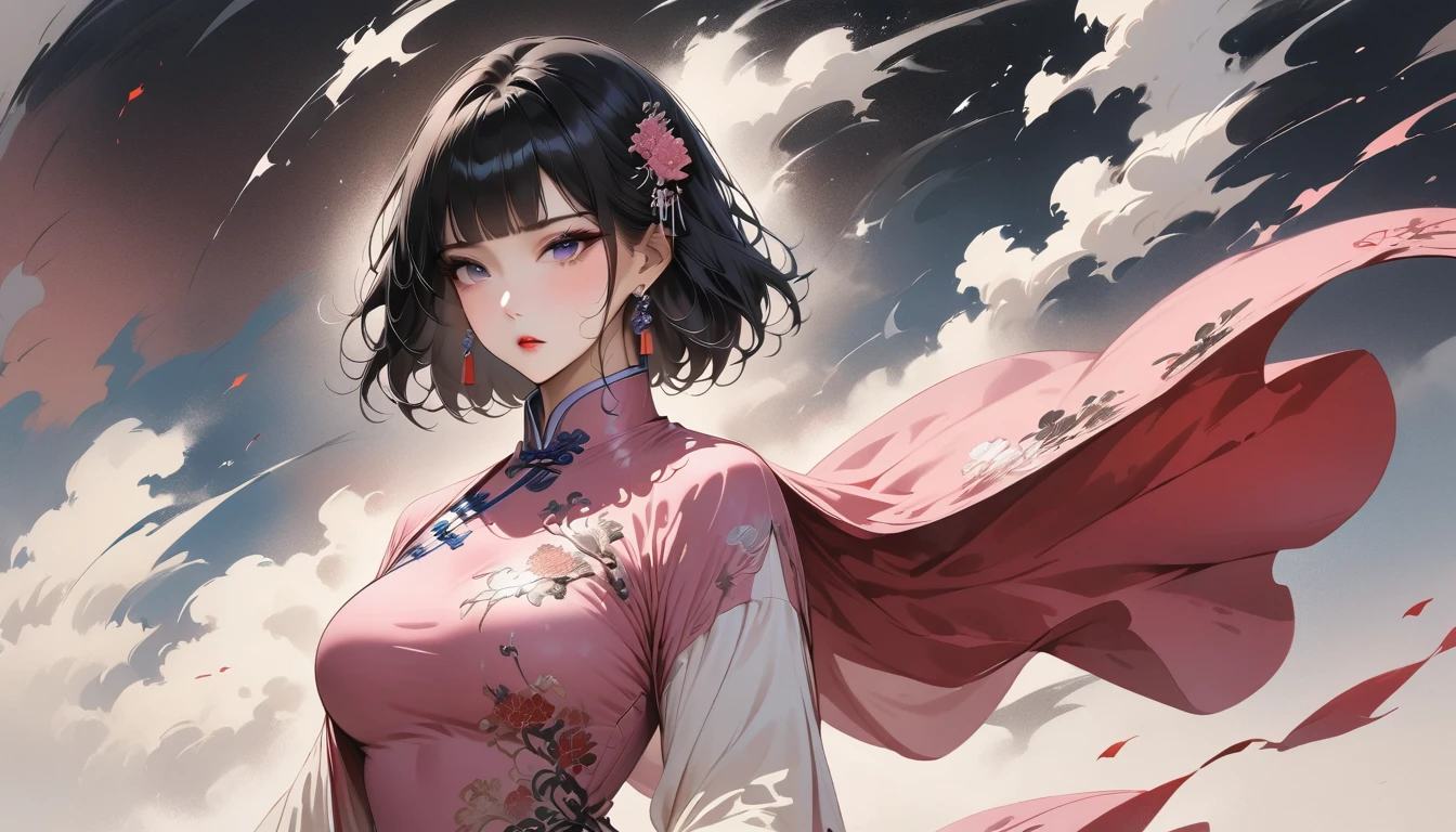 (Masterpiece, Best Quality: 1.3), 1girl, (Conservatively Dressed: 1.8), pink-purple cheongsam, pink-purple qipao, (Mature: 1.4), short hair, blunt bangs, Cold Eyes, Gorgeous Accessories, Fluttering Cloak, very aesthetic, national painting, Clothing ink painting style, medium shot, high detail, Masterpiece, super detail, best quality