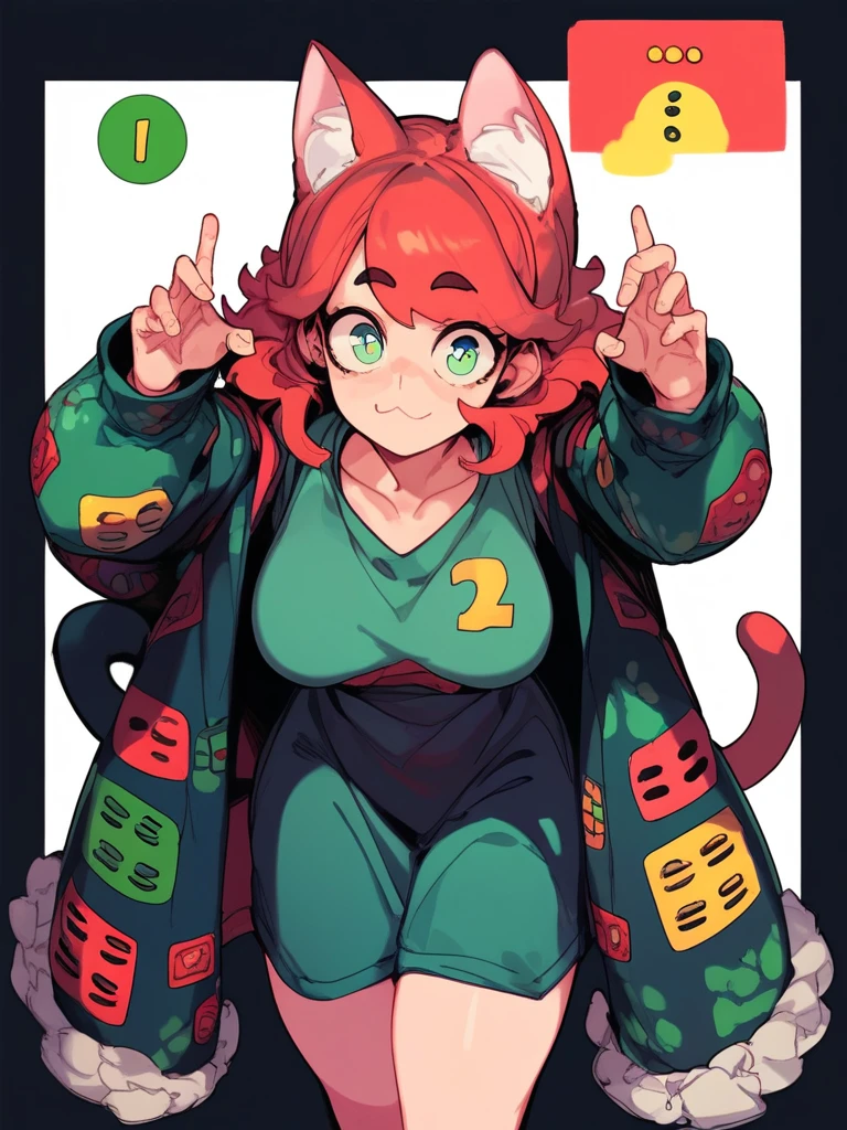 punctuation_9, punctuation_8_High above, punctuation_7_High above, cat girl, oversized coat, eyes black, Red hair, ha, leaning forward, cute pose, breasts small, thick-thighs, ssmile, gazing at viewer, cute, simple black background, dynamic pose, sensuous, reference sheet, 
 CharacterDesignXL 