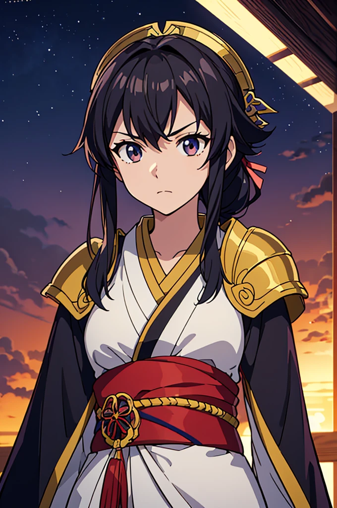Highest quality, masterpiece, High resolution, alone, （Fire Emblem Ayla），（Fire Emblem: Genealogy of the Holy War），（Half Up_Hairstyle），Long sword，kimono、Nothing，（Armor‗Japan），（Roaring‗Facial Expressions），（Jinhaori），Evening sky_background，Young Girl，Anime Style, Highest quality, 4K, masterpiece,， alone, 1,whole body，looking at the camera, Shinkai Makoto style, （black_Hair Color）Sharp Eyes，（Full Finger）, （Accurate fingertips）, （The finer details）, （Anatomically correct）, (映画のbackground), Hyper Detail, (Subtle details), (Intricate details),