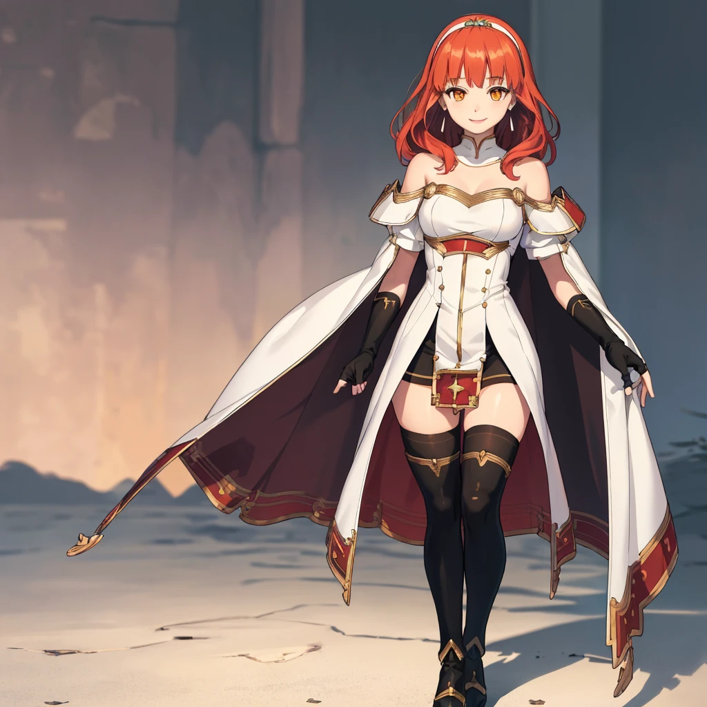 masterpiece, best quality, absurdres, 1girl, solo, smile, standing, facing viewer, EPfeCelica, orange eyes, red hair, bare shoulders, black gloves, thighhighs, black thighhighs, boots, cape, dress, white dress, long sleeves, off-shoulder dress, off shoulder, puffy short sleeves, puffy sleeves, short sleeves, earrings, gloves, fingerless gloves, hairband,white hairband, jewelry, zettai ryouiki, full body photo