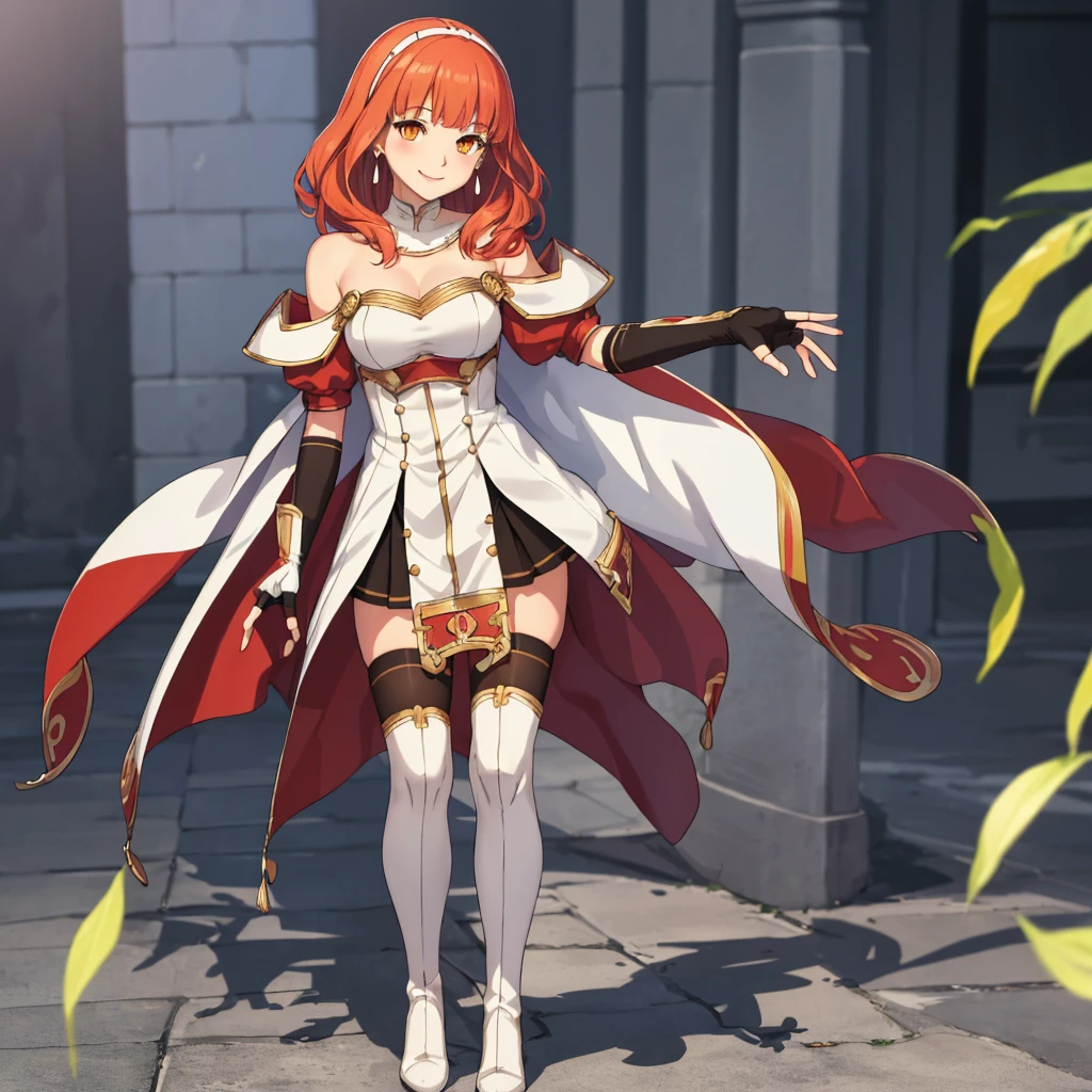 masterpiece, best quality, absurdres, 1girl, solo, smile, standing, facing viewer, EPfeCelica, orange eyes, red hair, bare shoulders, black gloves, thighhighs, black thighhighs, boots, cape, dress, white dress, long sleeves, off-shoulder dress, off shoulder, puffy short sleeves, puffy sleeves, short sleeves, earrings, gloves, fingerless gloves, hairband,white hairband, jewelry, zettai ryouiki, full body photo