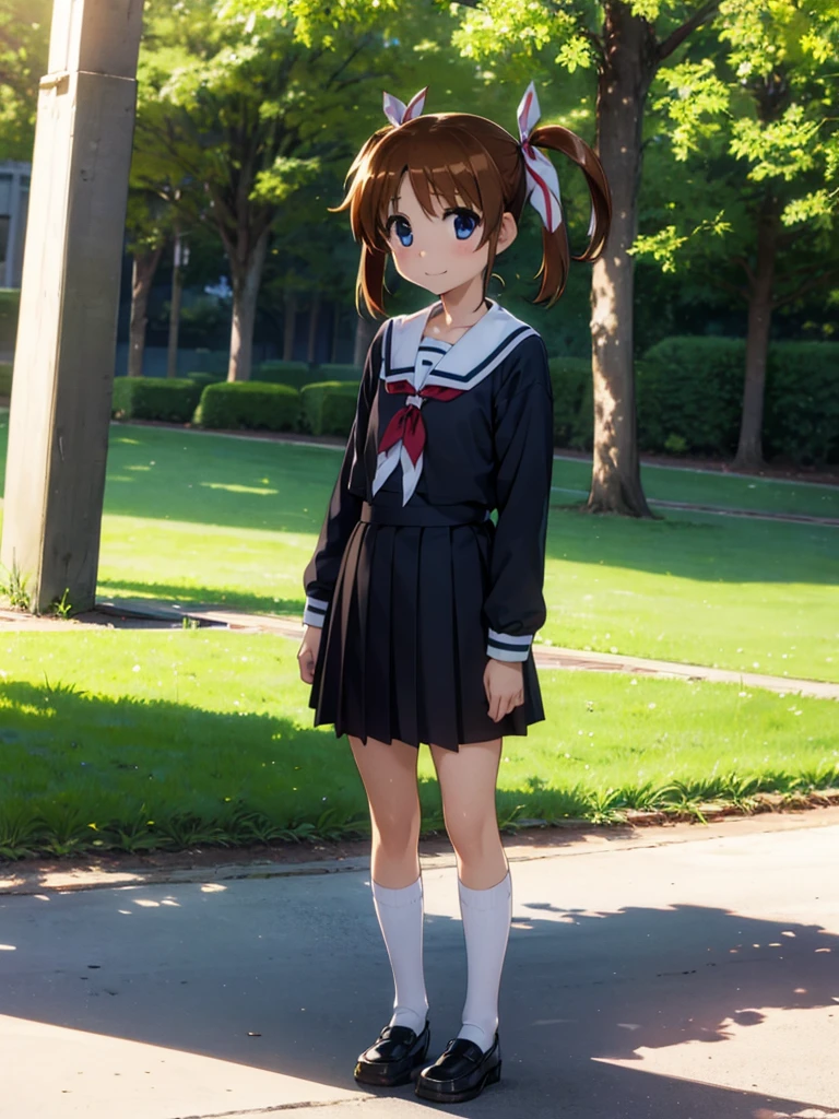 masterpiece, best quality,  takamachi nanoha, solo, brown hair, twintails, blue eyes, yo, (pee),
 smile, standing, long sleeves, ribbon, serafuku, red ribbon, white sailor collar,
 (clothes lift), nipples, flat chest, in park,