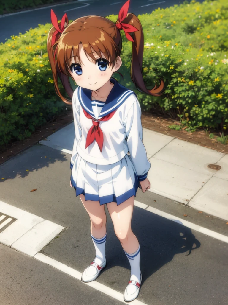 masterpiece, best quality,  takamachi nanoha, solo, brown hair, twintails, blue eyes, 10yo, (petite),
 smile, standing, long sleeves, ribbon, serafuku, red ribbon, white sailor collar,
 (clothes lift), nipples, flat chest, in park,