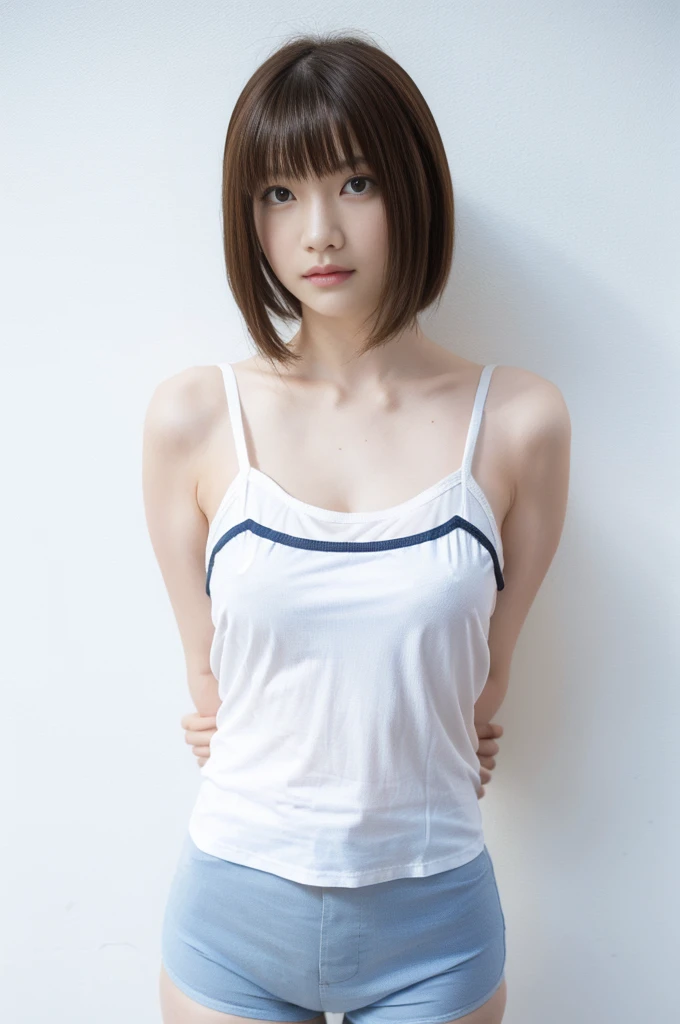 Picture taken from the front, with the left and right sides equally spaced, draw symmetrically, simple background, stand upright, upper body, (arms behind back:1.5), One girl, very short hair, (camisole, shorts)